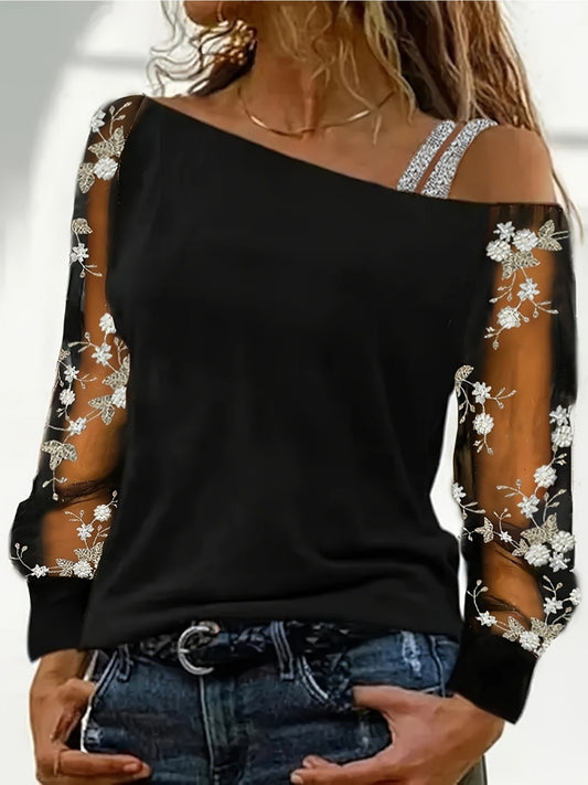 Elegant Off-Shoulder Embroidered Long Sleeve T-Shirt for Women