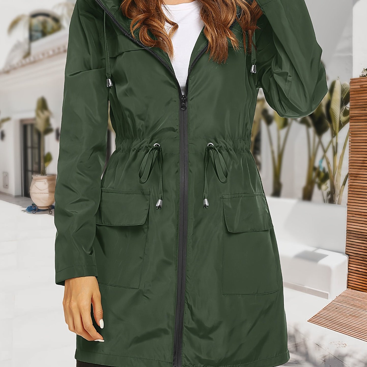Women's High Quality Lightweight Hooded Raincoat Jacket Navy Blue Full Length Outdoor Sports Coat with Zippered Pockets Adjustable Drawstrings and Elastic Cuffs Machine Washable All Season Wear