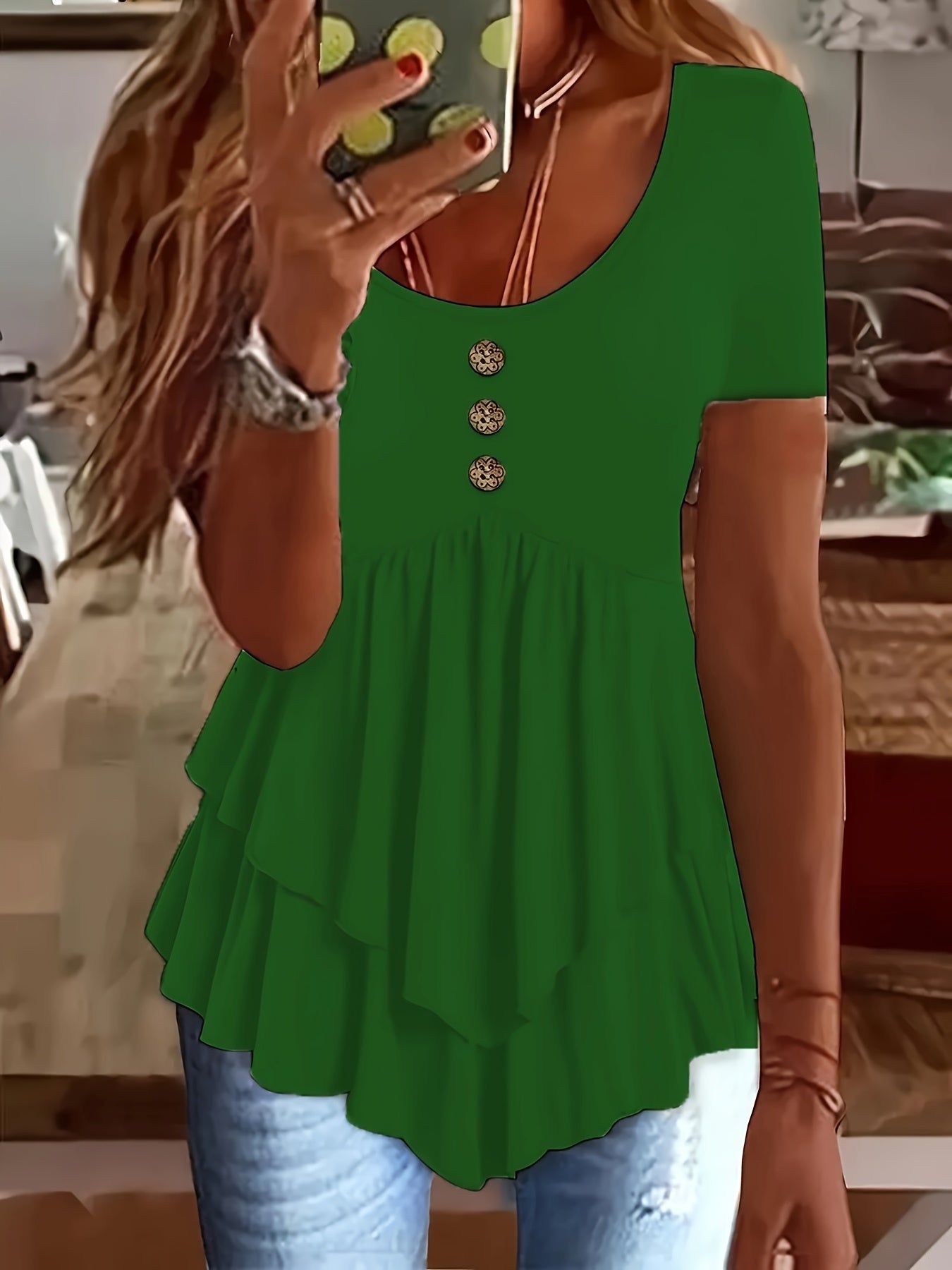 Women's Casual Short Sleeve Crew Neck T-Shirt Solid Color Button Front Flare Top Summer Blouse with Ruffles