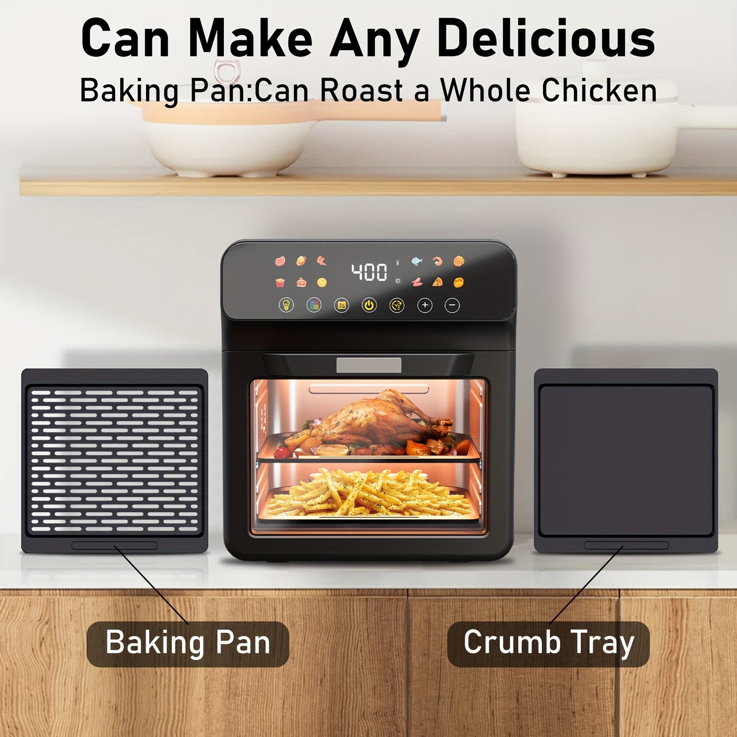 Bluebow 12QT Extra Large Convection Countertop Oven Air Fryer Toaster Oven Combo Roast Bake Broil Reheat Fry Oil Free Stainless Steel LED Digital Touchscreen Visible