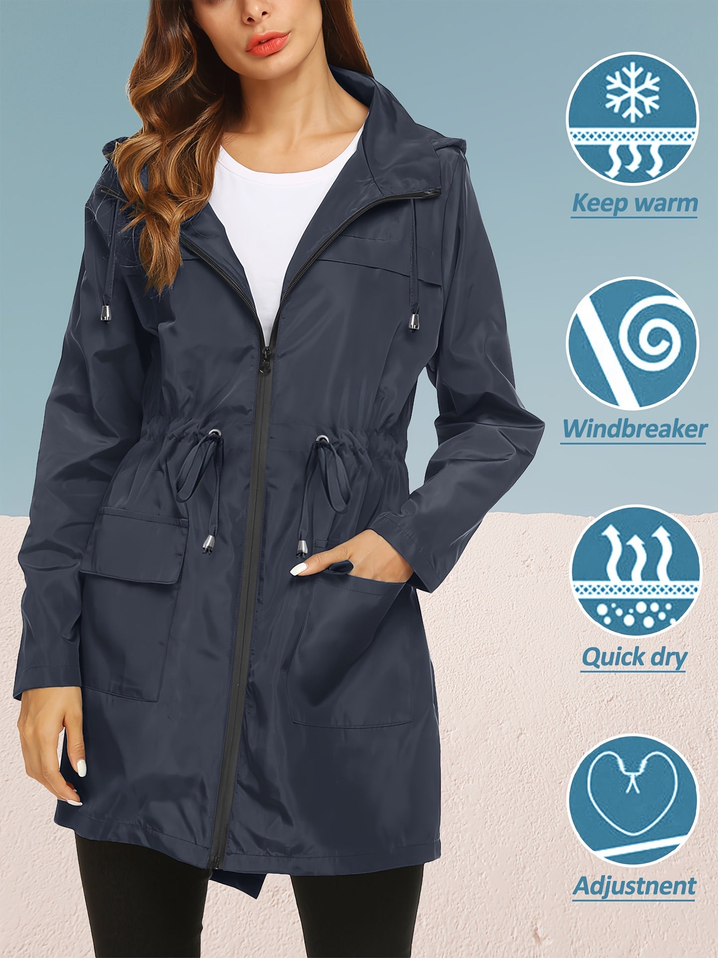 Women's High Quality Lightweight Hooded Raincoat Jacket Navy Blue Full Length Outdoor Sports Coat with Zippered Pockets Adjustable Drawstrings and Elastic Cuffs Machine Washable All Season Wear
