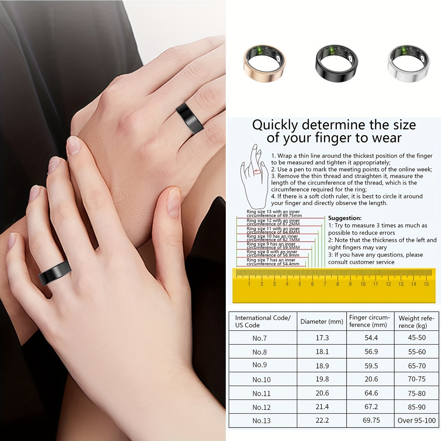 Smart Ring for Men Women Fitness Tracker IP68 Waterproof