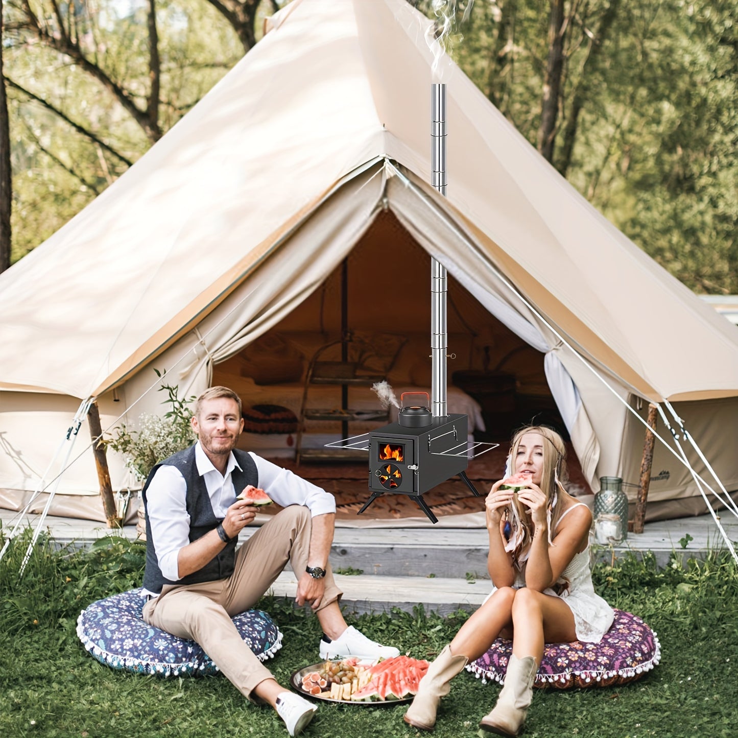 Portable Carbon Steel Wood Stove With Seven Chimney Pipes