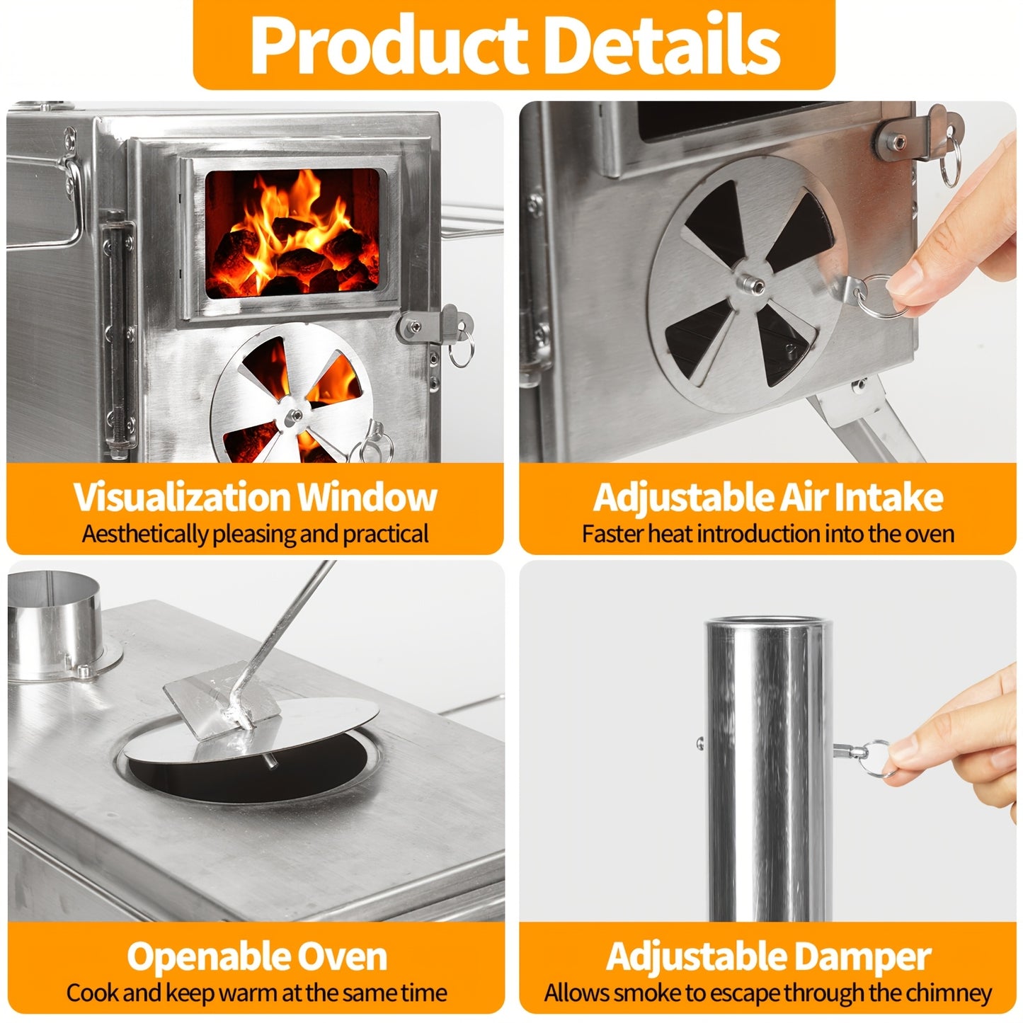 Stainless Steel Camping Tent Stove with Chimney Pipe And Gloves