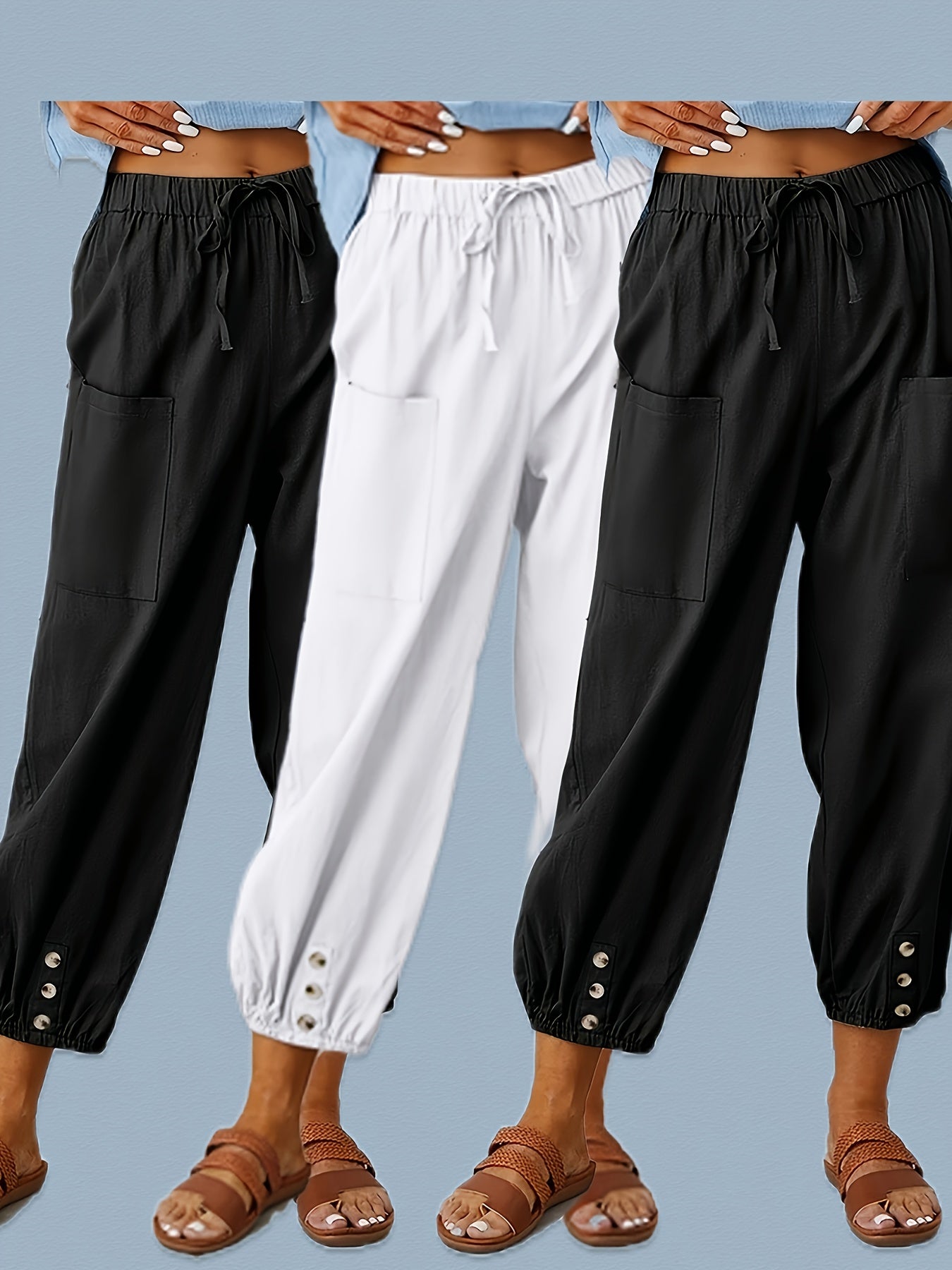 3-Pack Of Loose-Fitting High-Waisted Buttoned Linen Cropped Wide-Leg Unisex Pants With Pockets For Easy Outings