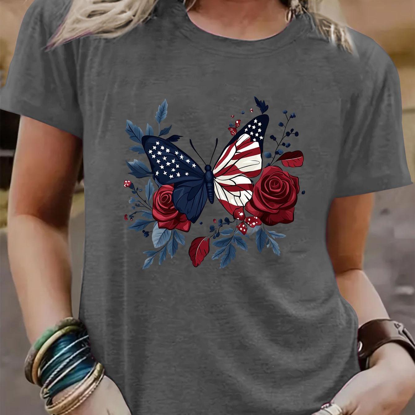 Womens Crew Neck Fashionable Heart Print T-Shirt Casual Top