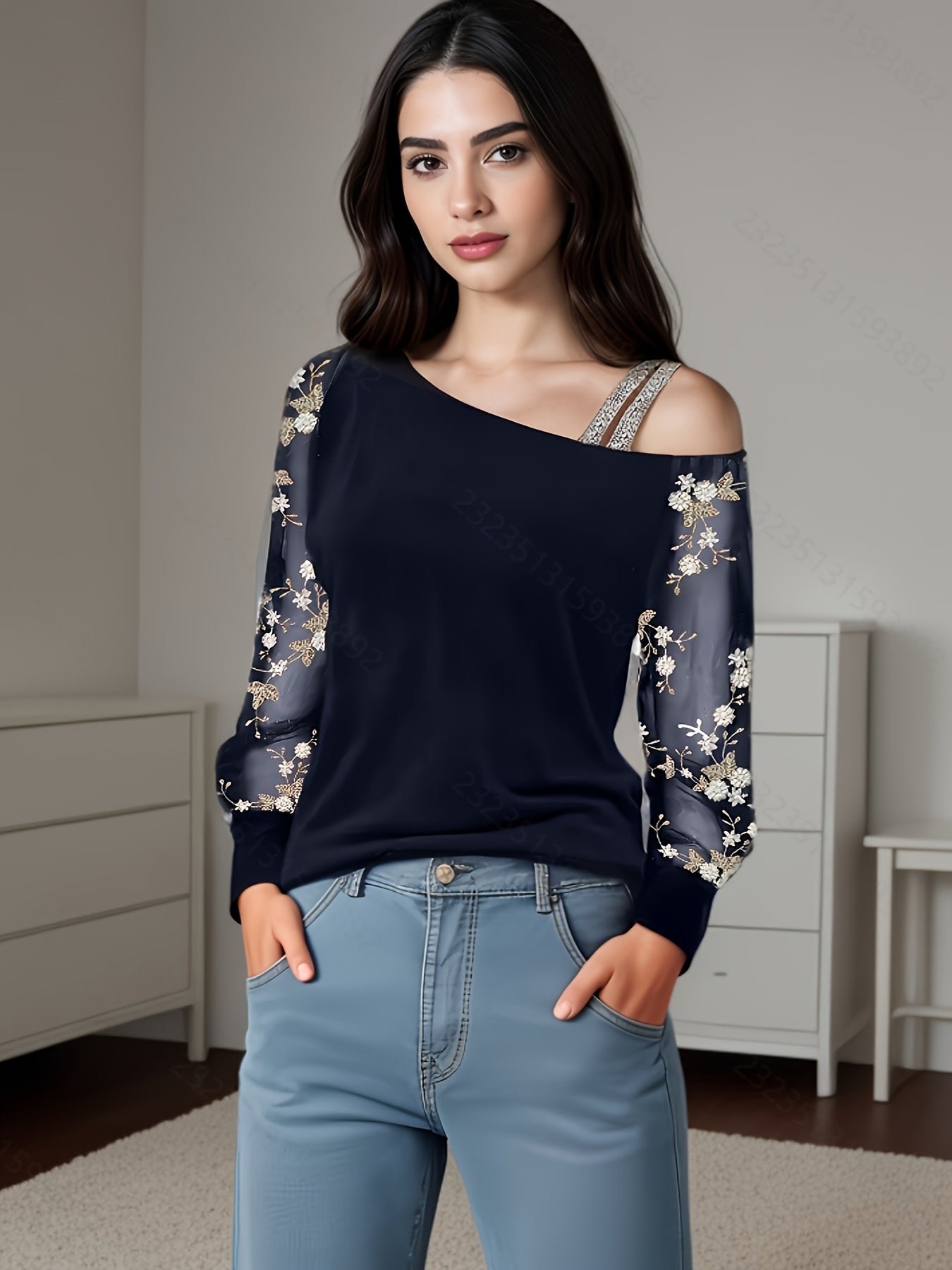 Elegant Off-Shoulder Embroidered Long Sleeve T-Shirt for Women