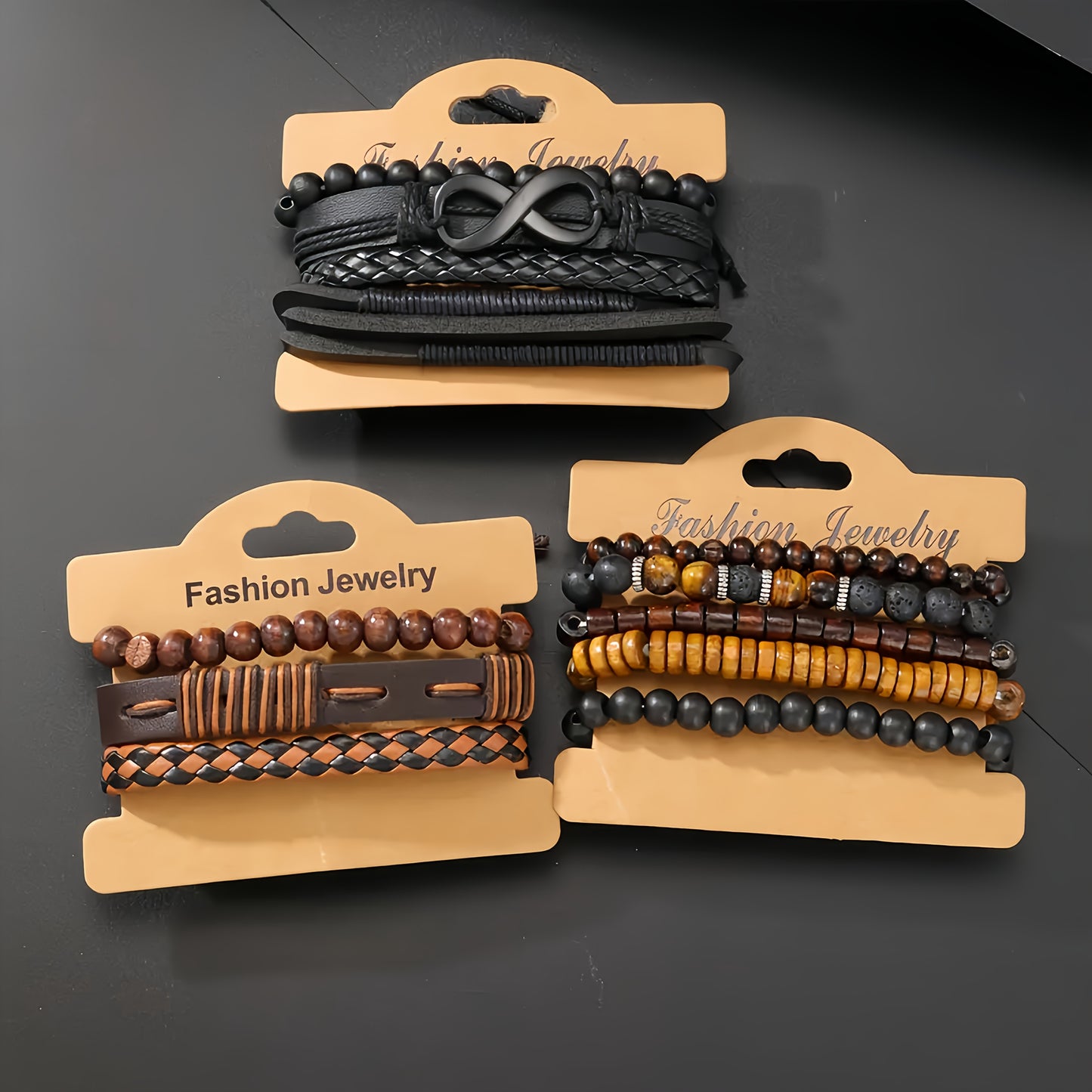 12pcs Bohemian Men's Bracelet Set - Woven Faux Leather Beads