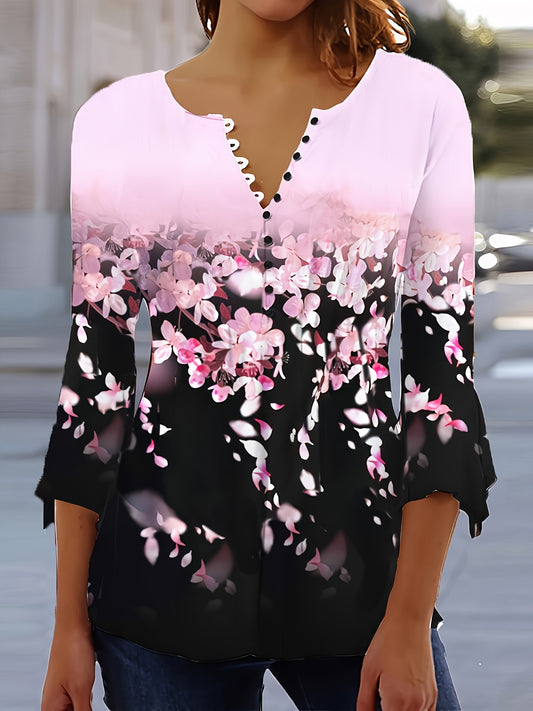 Women's Stylish Floral Print Button-Up T-Shirt Casual Top