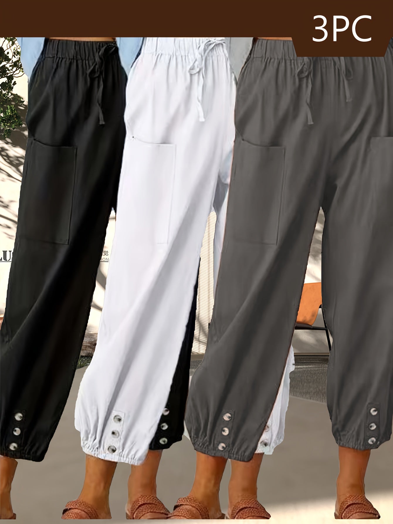 3-Pack Of Loose-Fitting High-Waisted Buttoned Linen Cropped Wide-Leg Unisex Pants With Pockets For Easy Outings