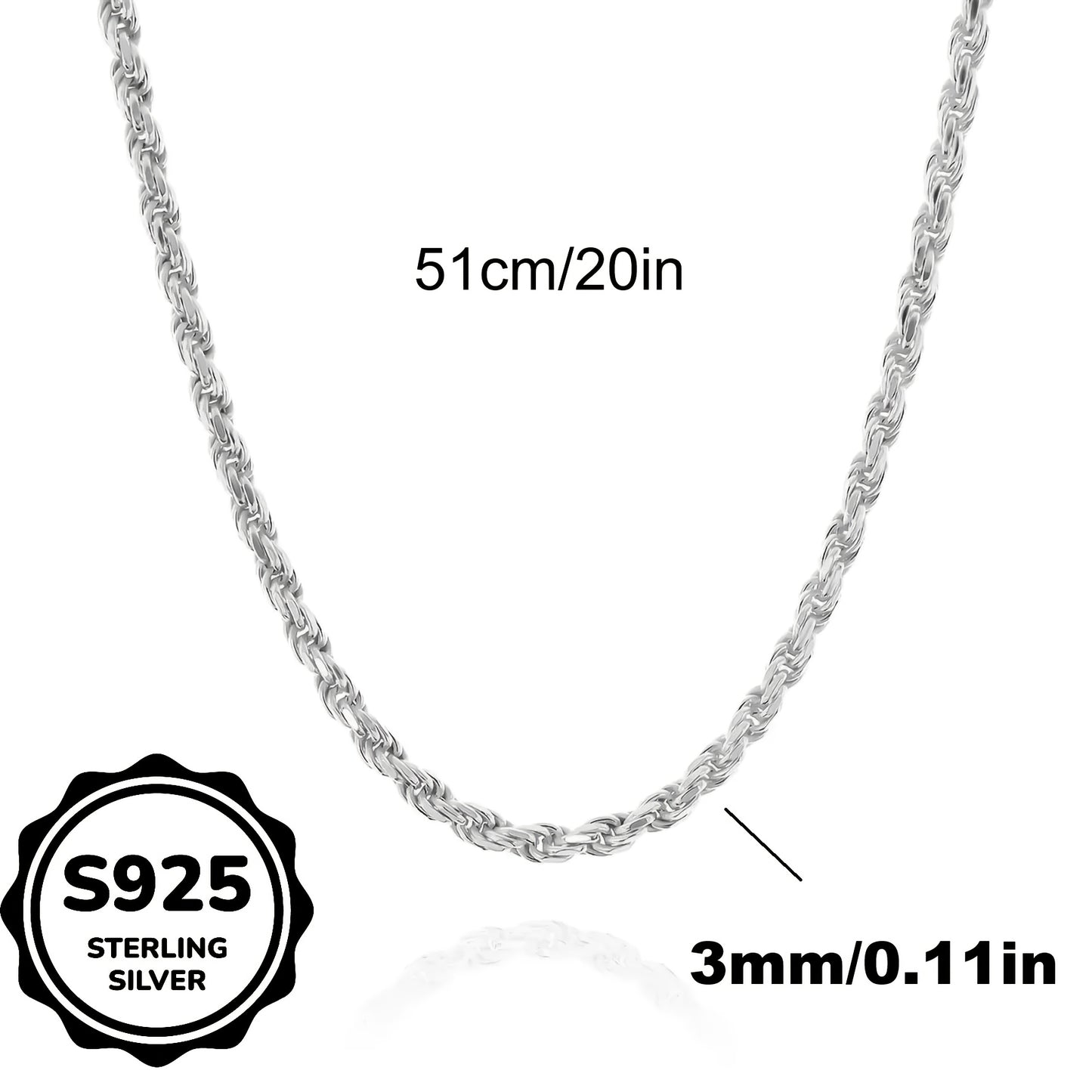 Sterling Silver Necklace, 3mm Woven Rope Chain Gift Box