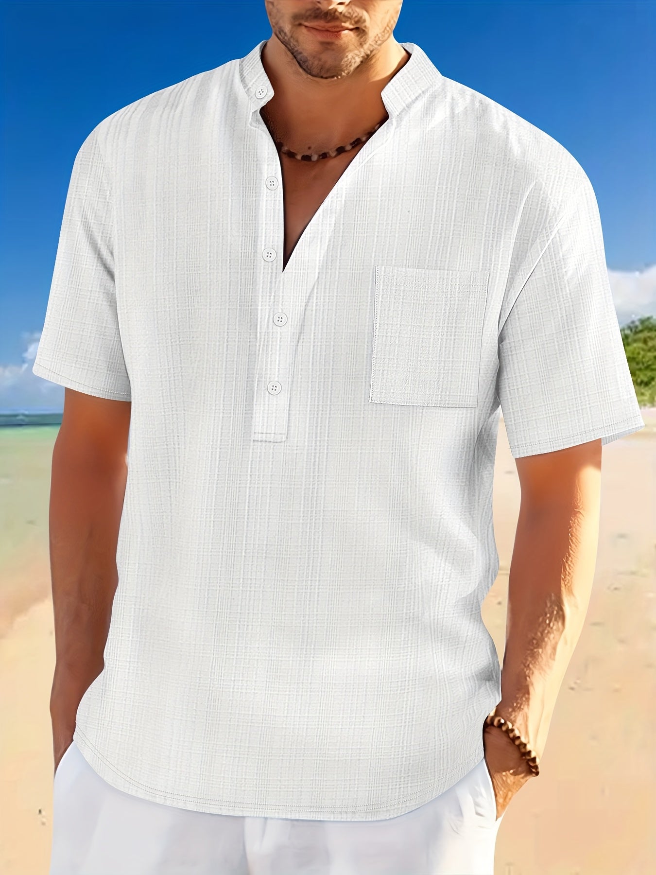 Men'S Solid Color Short-Sleeve Shirt with a Casual Pocket, Perfect for Summer.