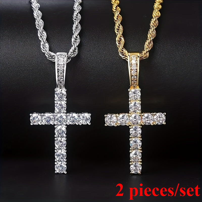 2pcs/ set of Exquisite Synthetic Zirconia 18k Gold-plated Cross Pendant Necklace Men'S Party Daily Sweater Chain, Personality Everything Collars