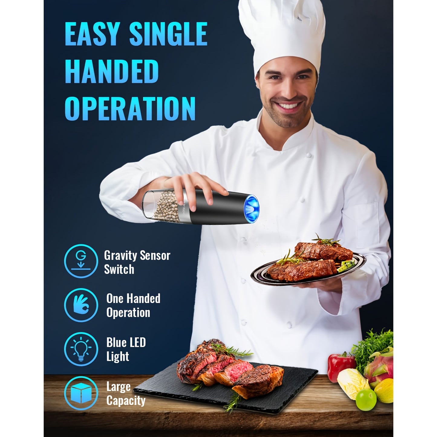 Gravity Electric Pepper And Salt Grinder Set Stainless Steel Auto Spice Mill Adjustable Coarseness