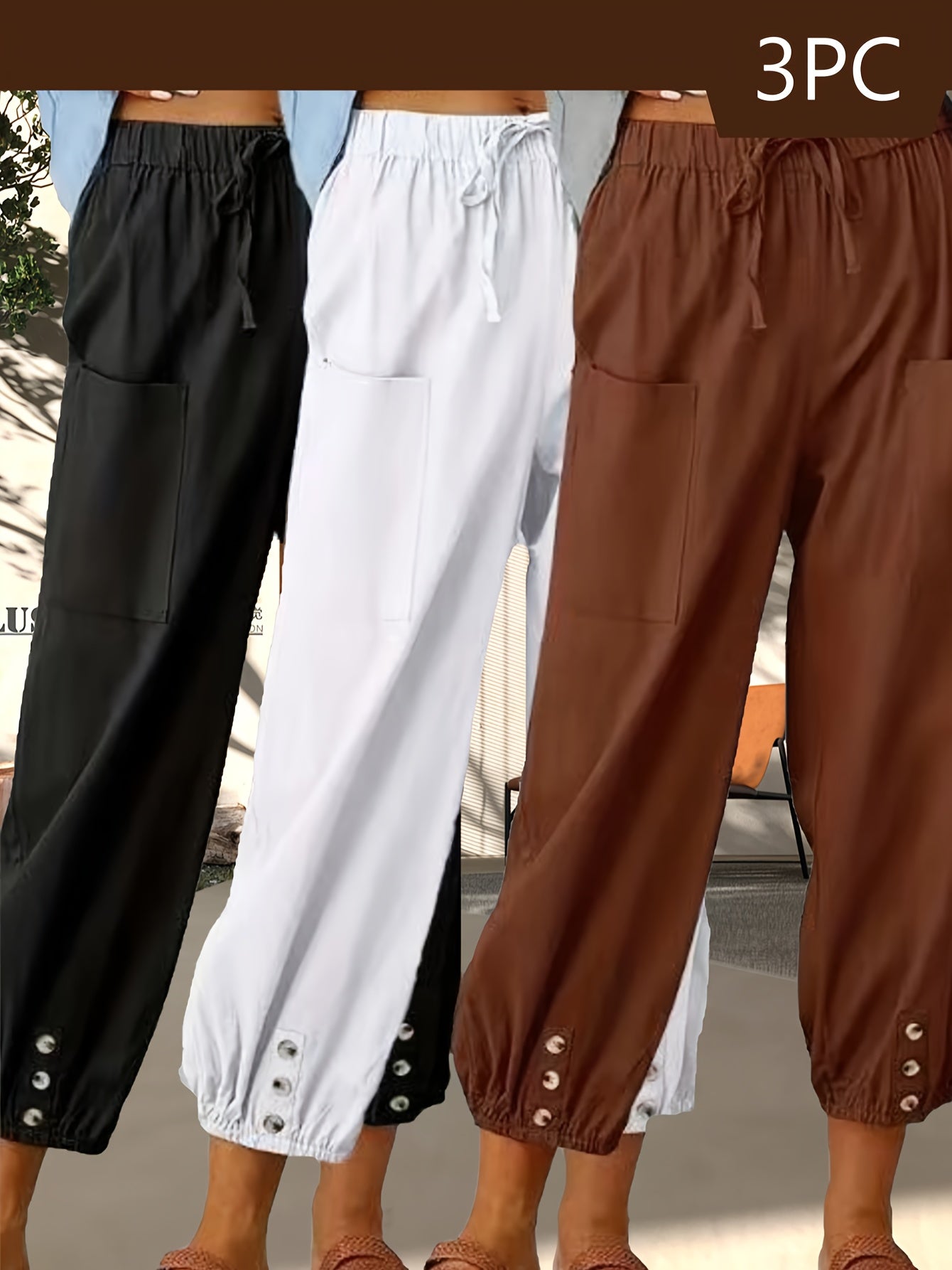 3-Pack Of Loose-Fitting High-Waisted Buttoned Linen Cropped Wide-Leg Unisex Pants With Pockets For Easy Outings