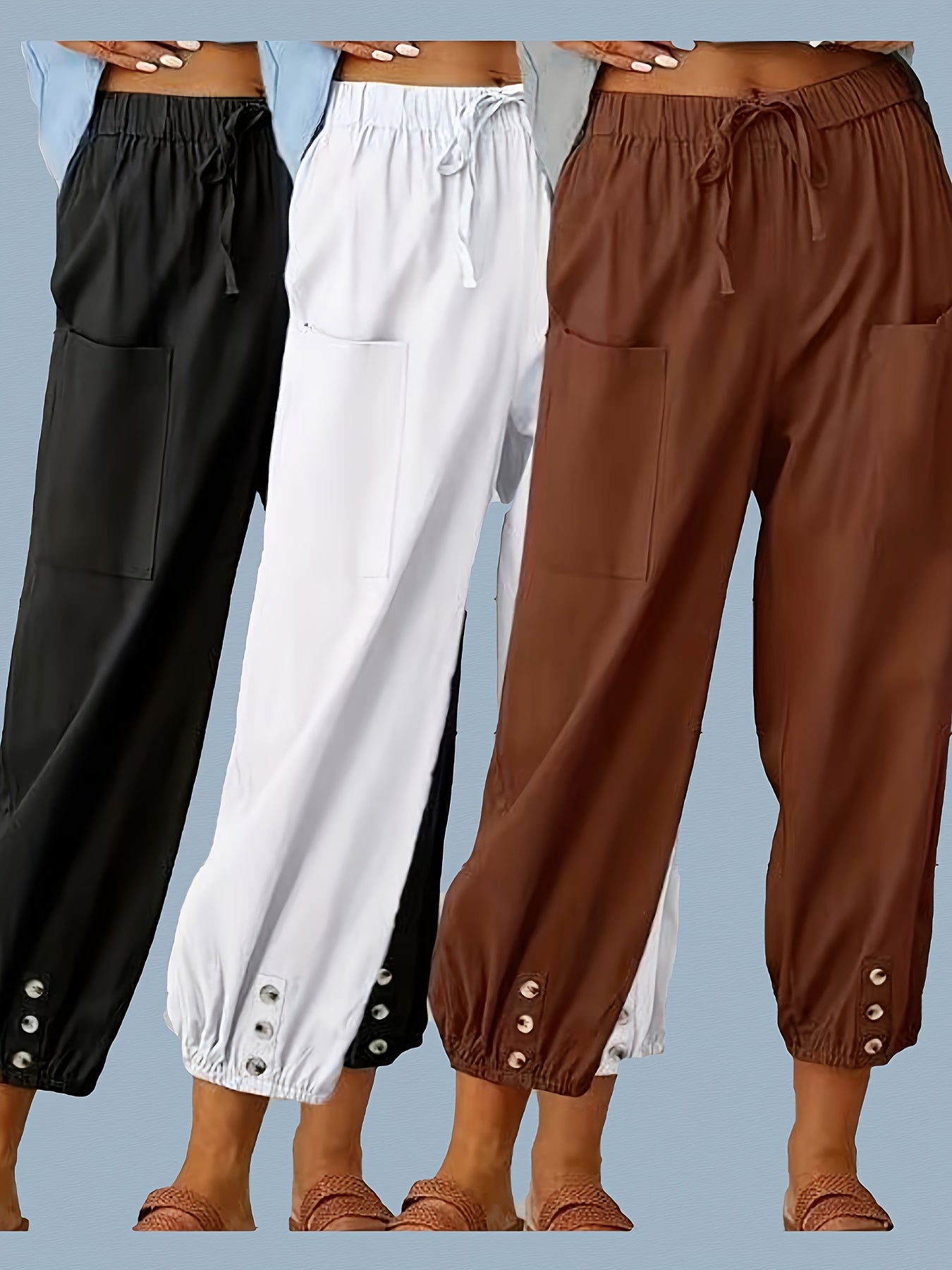 3-Pack Of Loose-Fitting High-Waisted Buttoned Linen Cropped Wide-Leg Unisex Pants With Pockets For Easy Outings