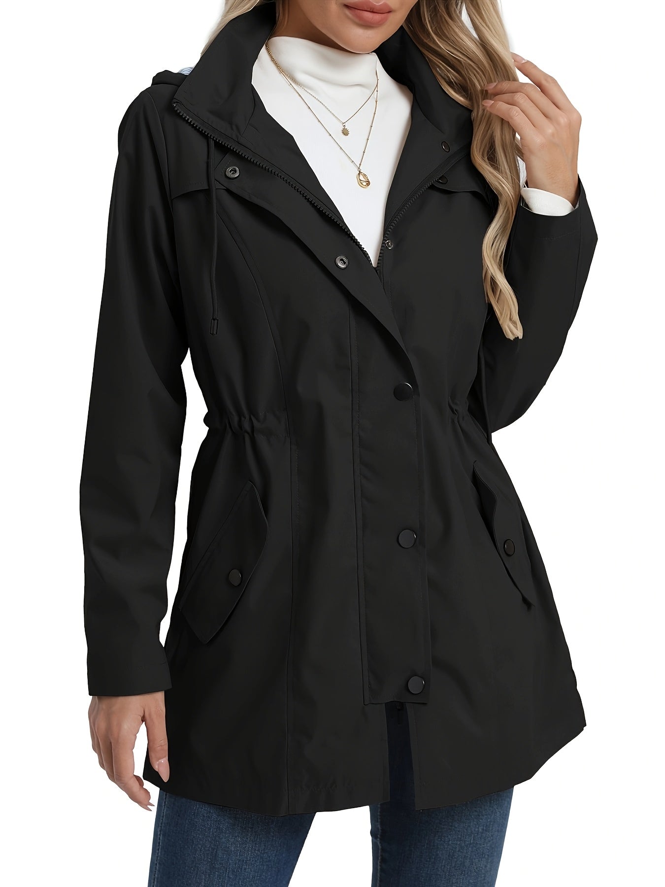 Women's Elegant High Quality Windbreaker Raincoat with Hood - High Elasticity Mid-Length Long Sleeve Jacket, Beige Trench Coat for Spring/Fall Outdoor Commute & Casual Outings, Spring Fall Jacket | Elegant Raincoat | High Qua