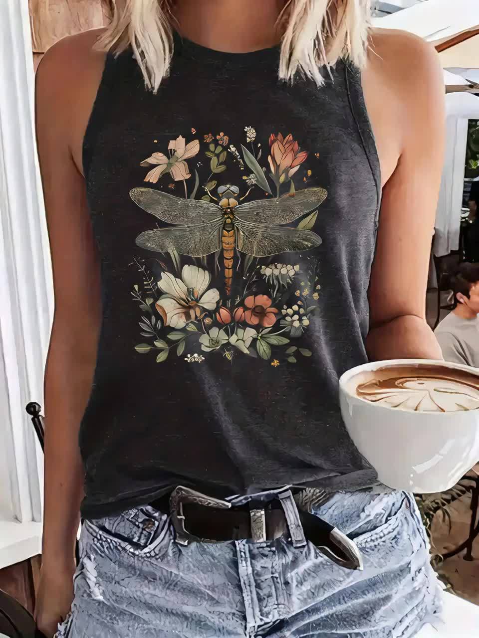 Monogram-Printed Casual Tank Top Crew Neck Sleeveless Top