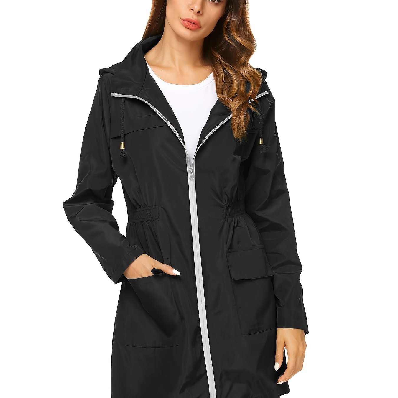 Women's Windproof High Quality Lightweight Hooded Rain Jacket - Adjustable Drawstring Hem & Cuffs, All-Season Casual Outdoor Coat for Hiking, Travel, Daily Commute (Solid Color), Travel Rainwear | Full Length Raincoat | Sleek