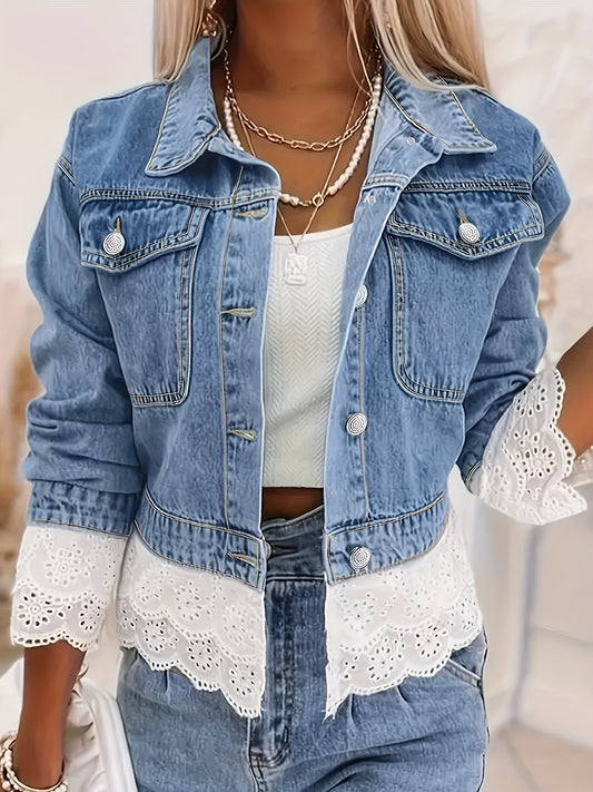 Women's Stylish Lace-Trimmed Cropped Denim Jacket - Casual Long Sleeve Jean Coat with Flap Pockets, Button-Up Front, Perfect for Spring & Fall