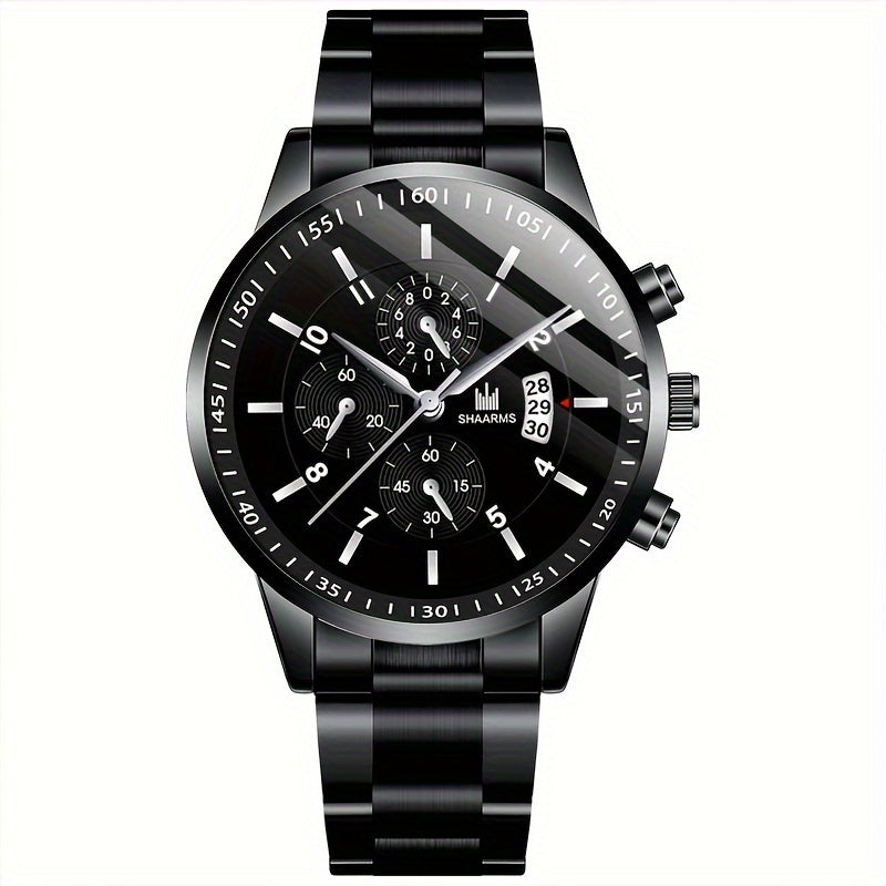 3pc Men's Luxury Round Dial Steel Strip Quartz Watch - Personalized