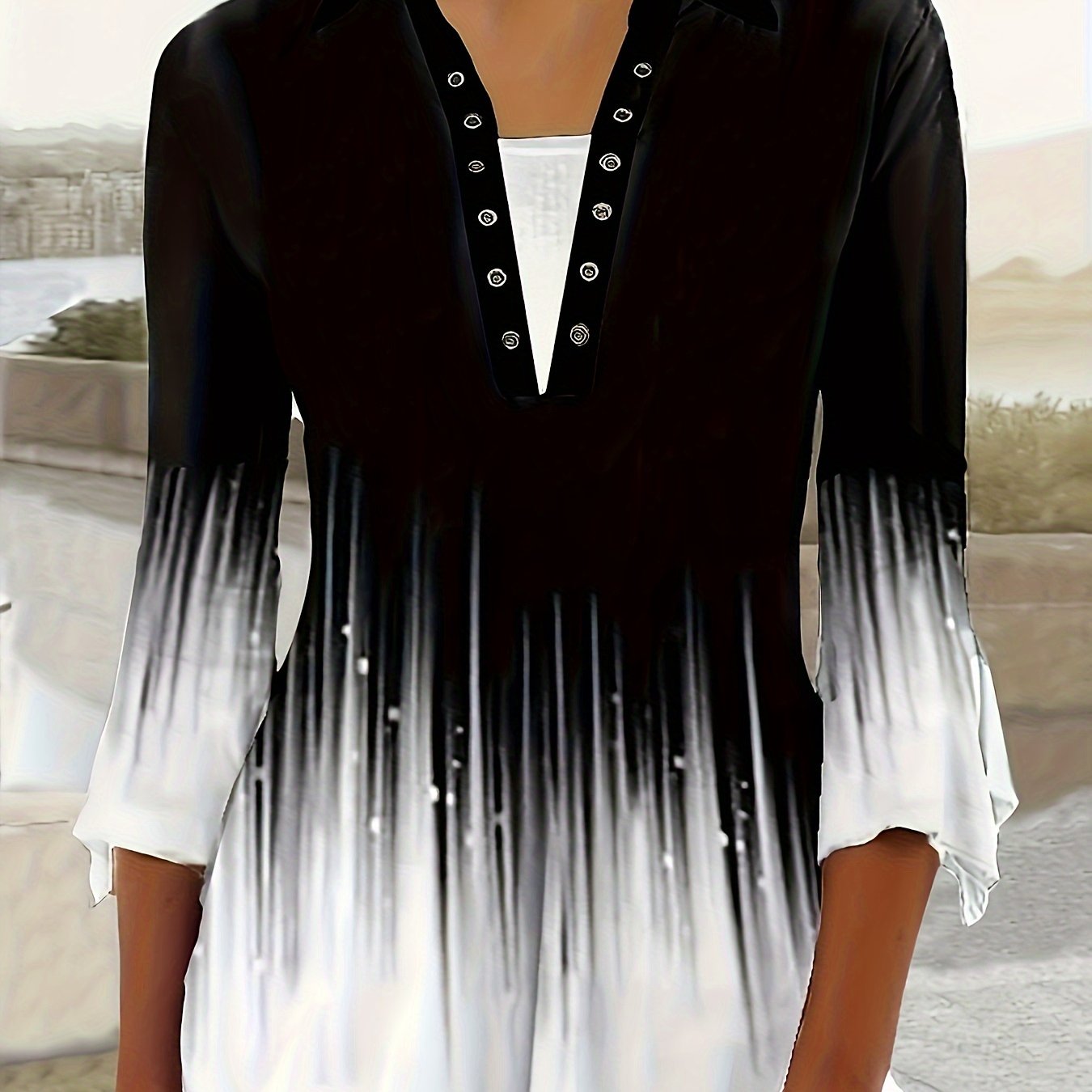 Three Quarter Sleeve Irregular Sleeve Button Top Printed Lapel T-Shirt Spring And Autumn New