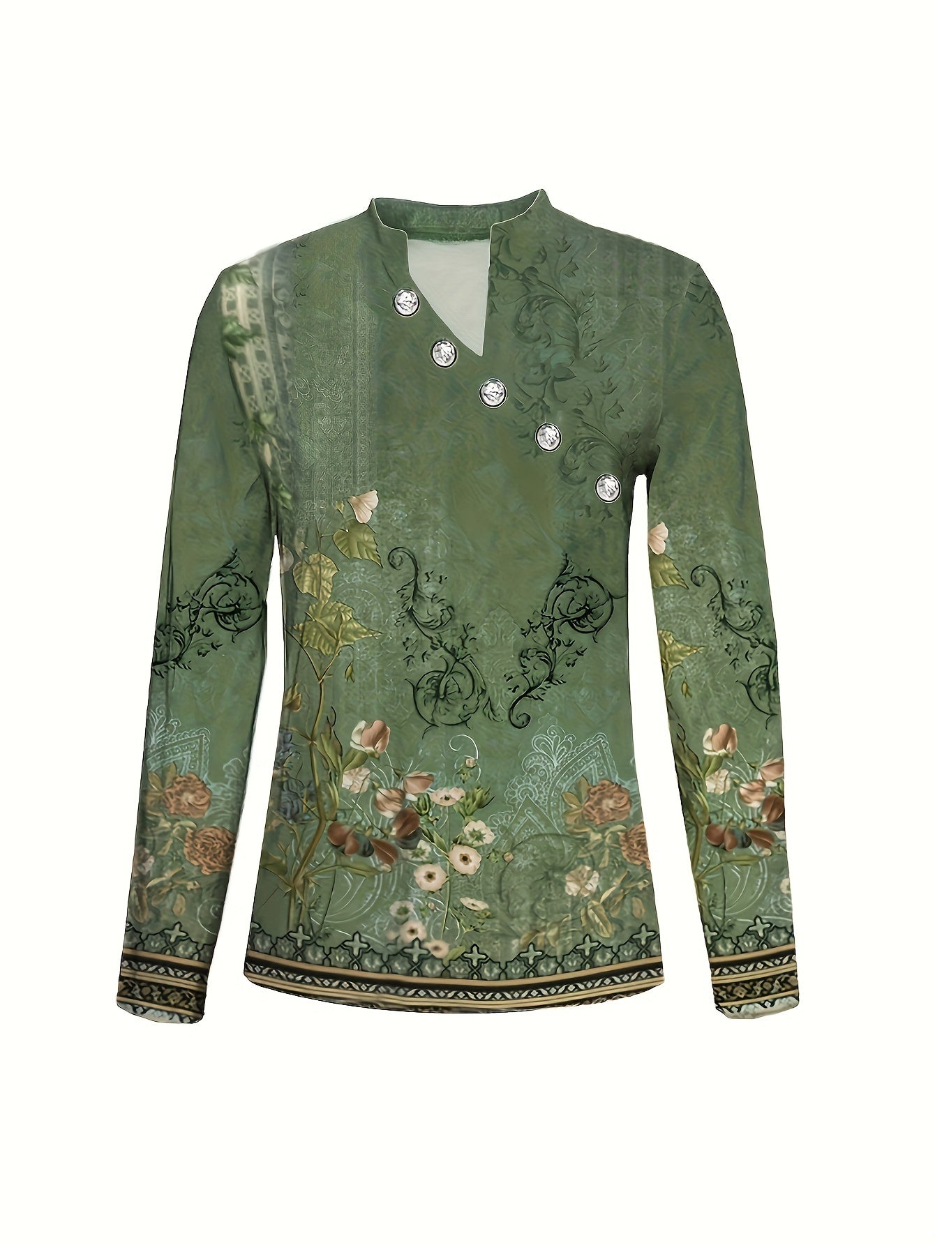 Tooluck Floral Print Asymmetrical Neck Tshirt Long Sleeve