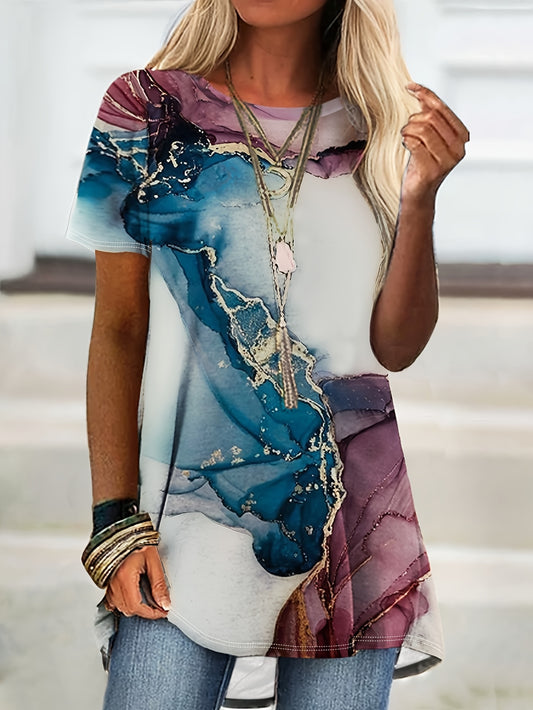 Women's Casual Short Sleeve T-Shirt with Artistic Floral Print Relaxed Fit Machine Washable Versatile Spring Summer Fall Top Durable Print Shirt