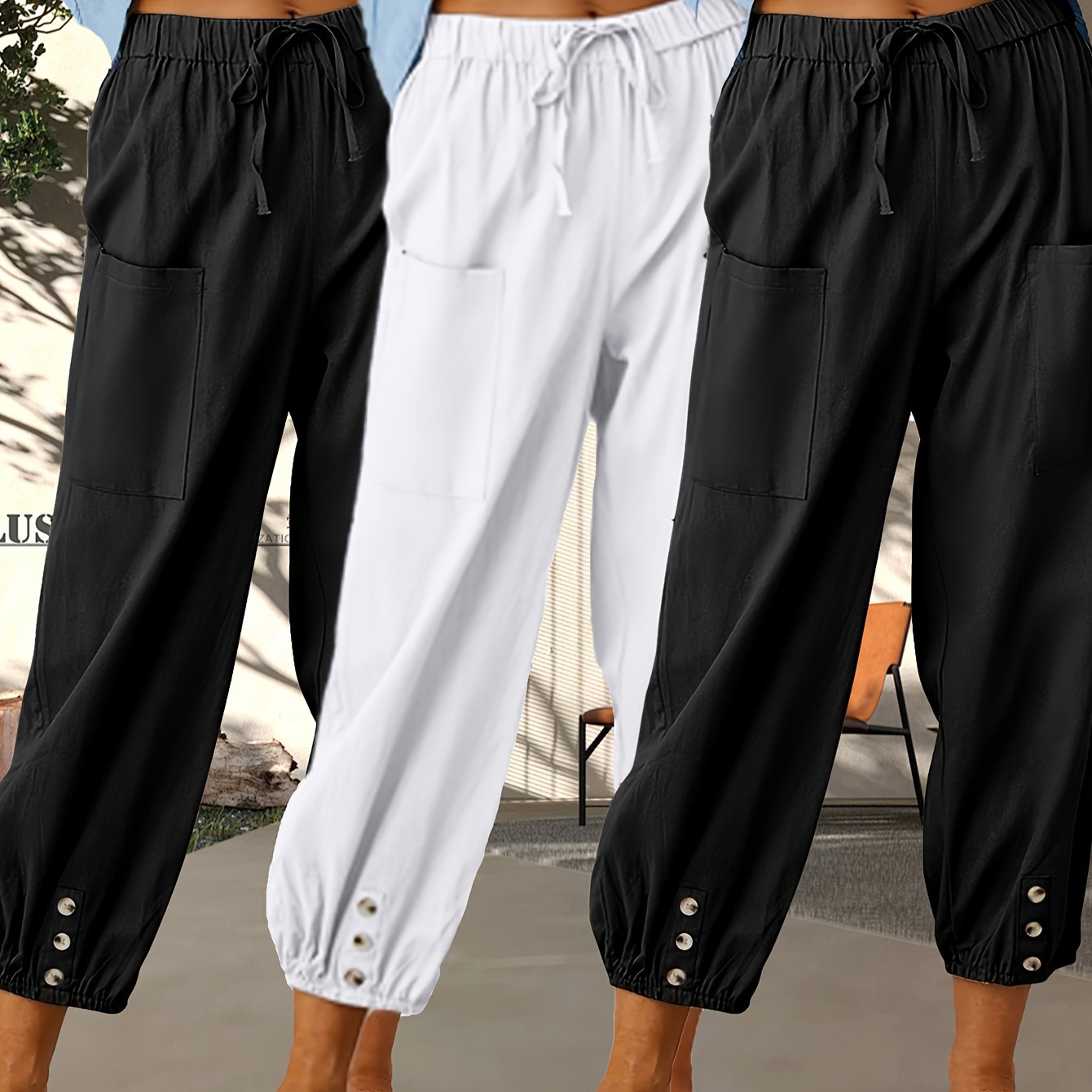 3-Pack Of Loose-Fitting High-Waisted Buttoned Linen Cropped Wide-Leg Unisex Pants With Pockets For Easy Outings