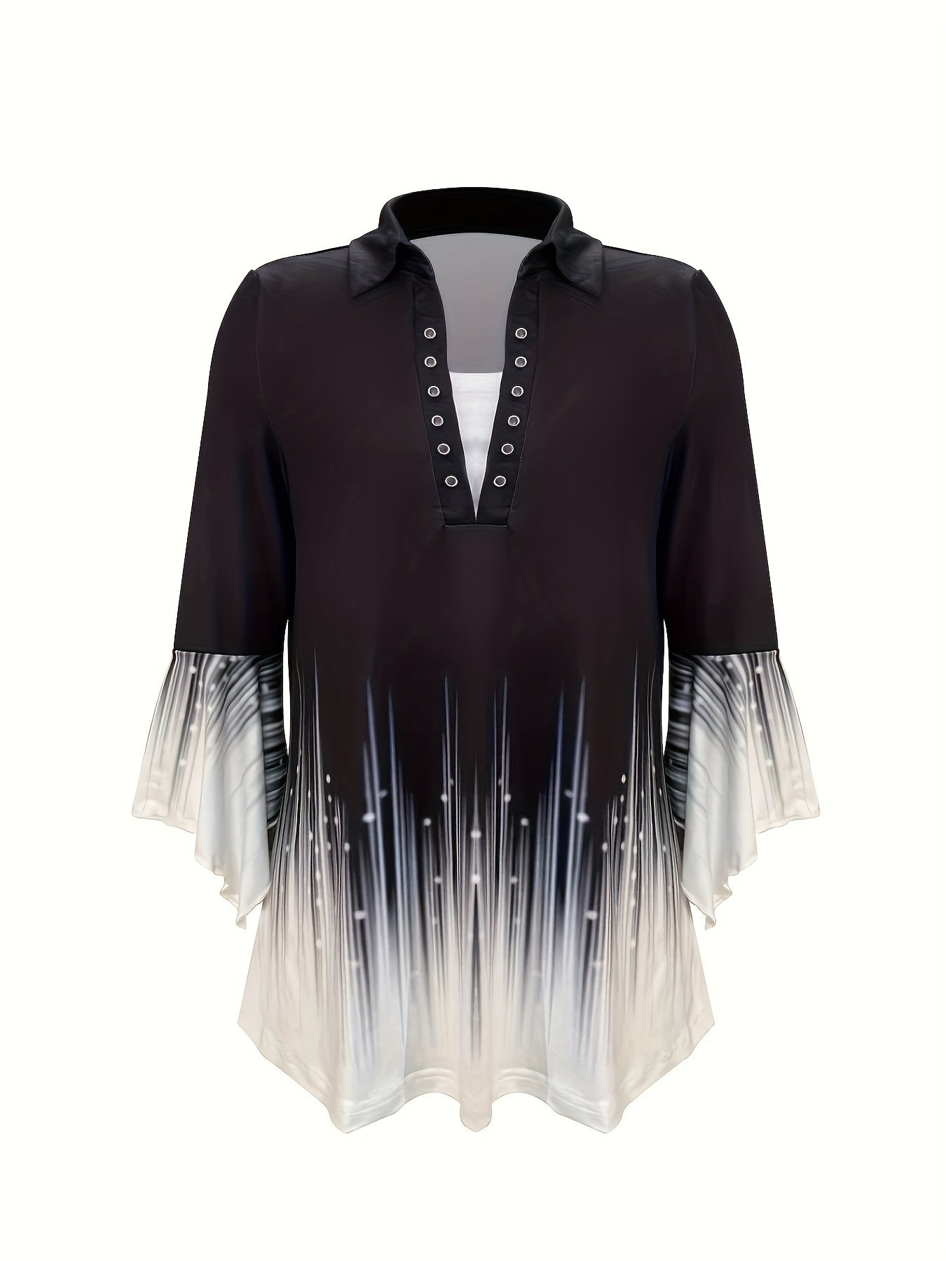 Three Quarter Sleeve Irregular Sleeve Button Top Printed Lapel T-Shirt Spring And Autumn New