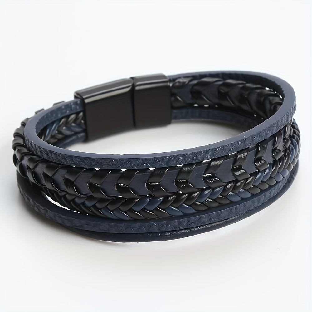 Classic Steel Double-layer Men's Leather Woven Rope Bracelet