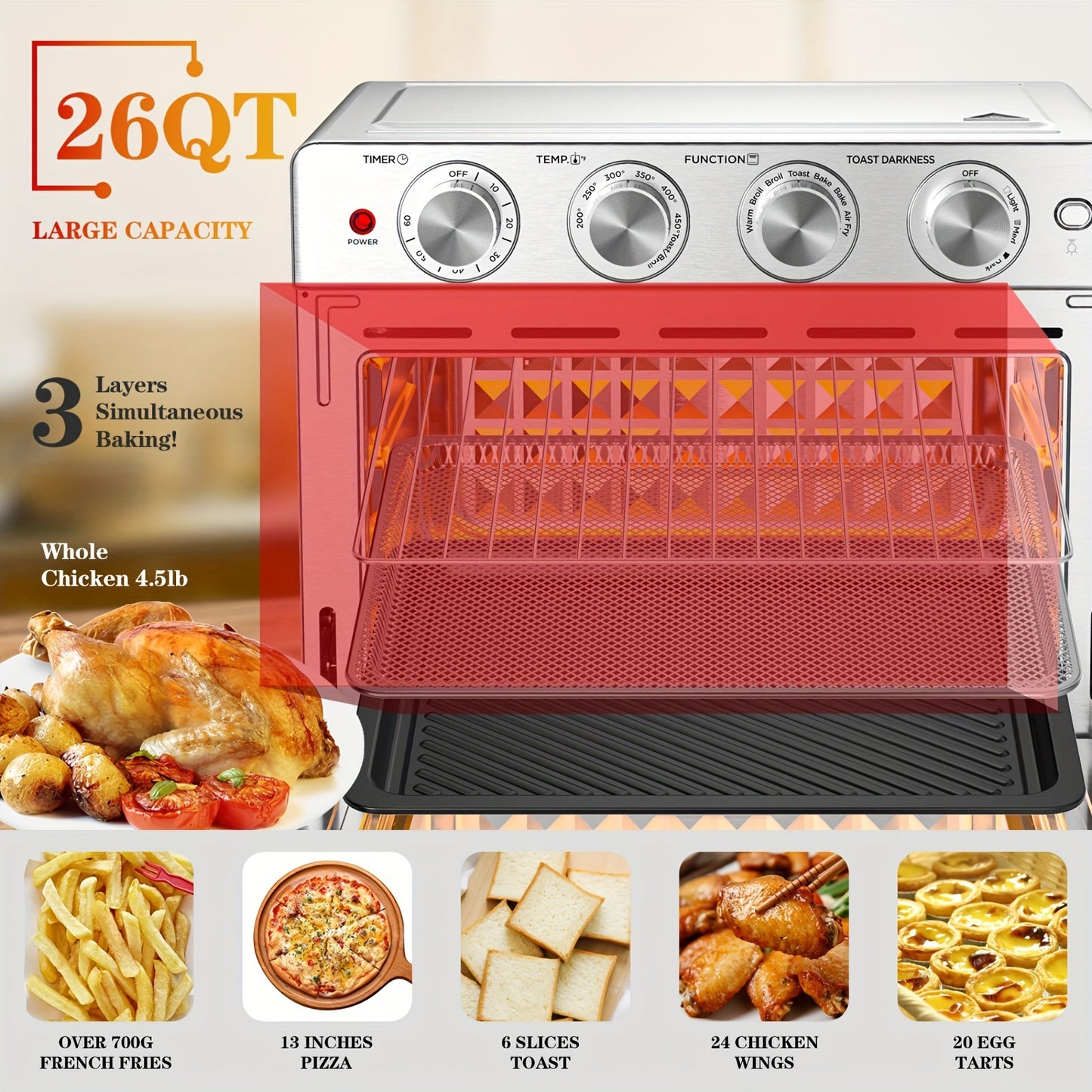 Geek Chef Air Fryer, 6 Slice 26QT Air Fryer Toaster Oven Combo, Air Fryer Oven, Roast, Bake, Broil, Reheat, Fry Oil-Free, Extra Large Convection Countertop Oven, Accessories Included, Stainless Steel, ETL Listed, 1700W
