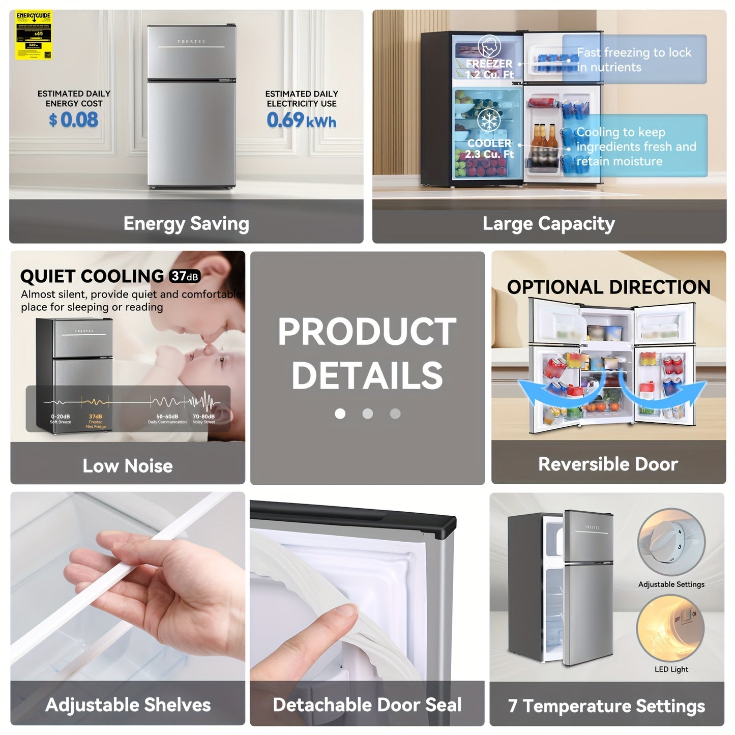 Frestec 3.5 Cubic Feet Mini Fridge With Freezer Compartment