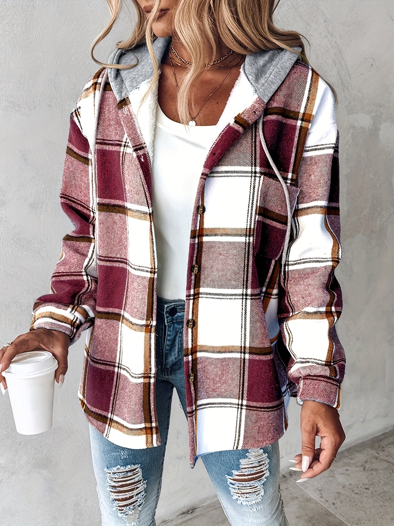 Chicme Women's Hooded Fleece-Lined Plaid Shacket Jacket