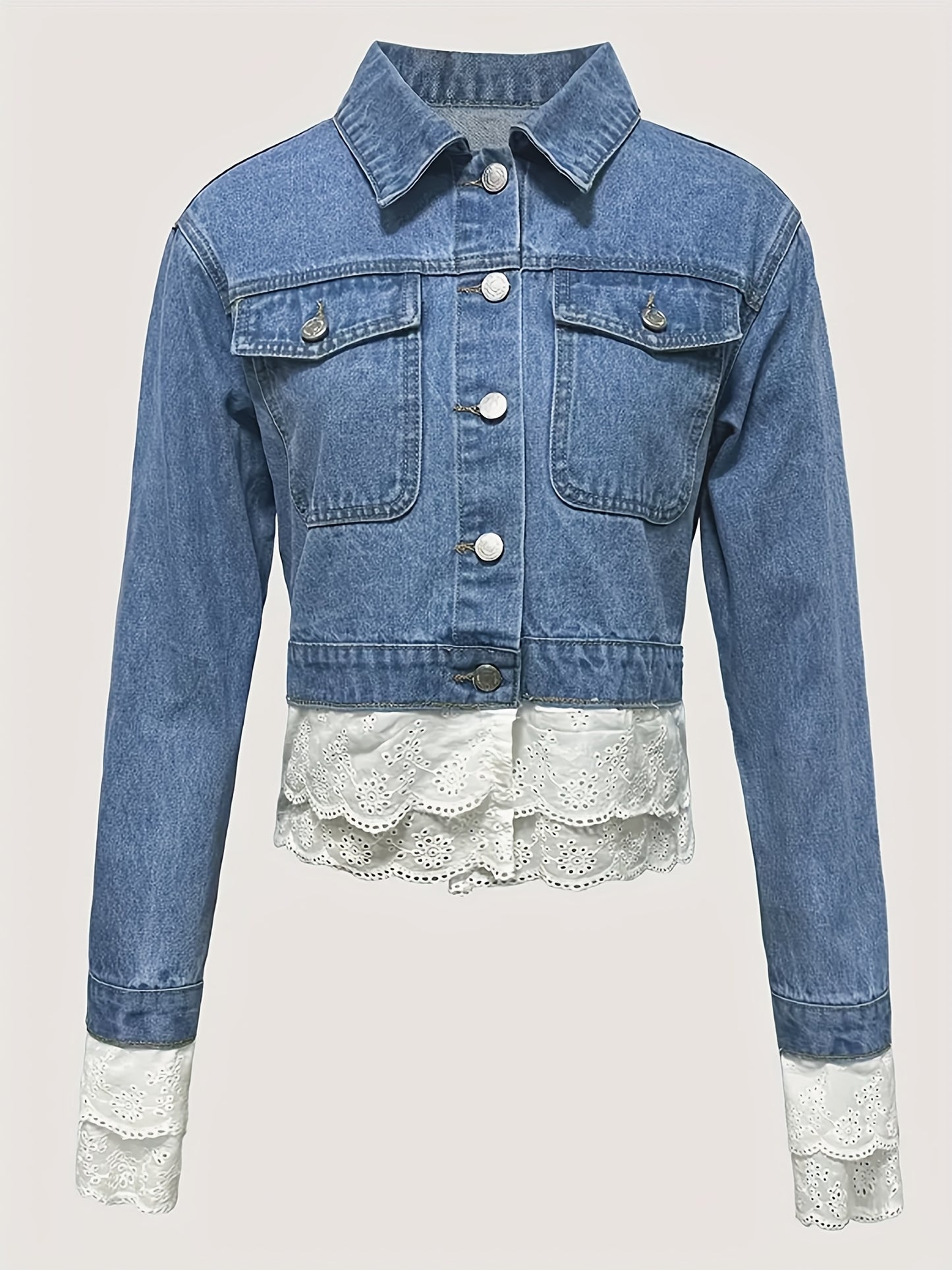 Women's Stylish Lace-Trimmed Cropped Denim Jacket - Casual Long Sleeve Jean Coat with Flap Pockets, Button-Up Front, Perfect for Spring & Fall