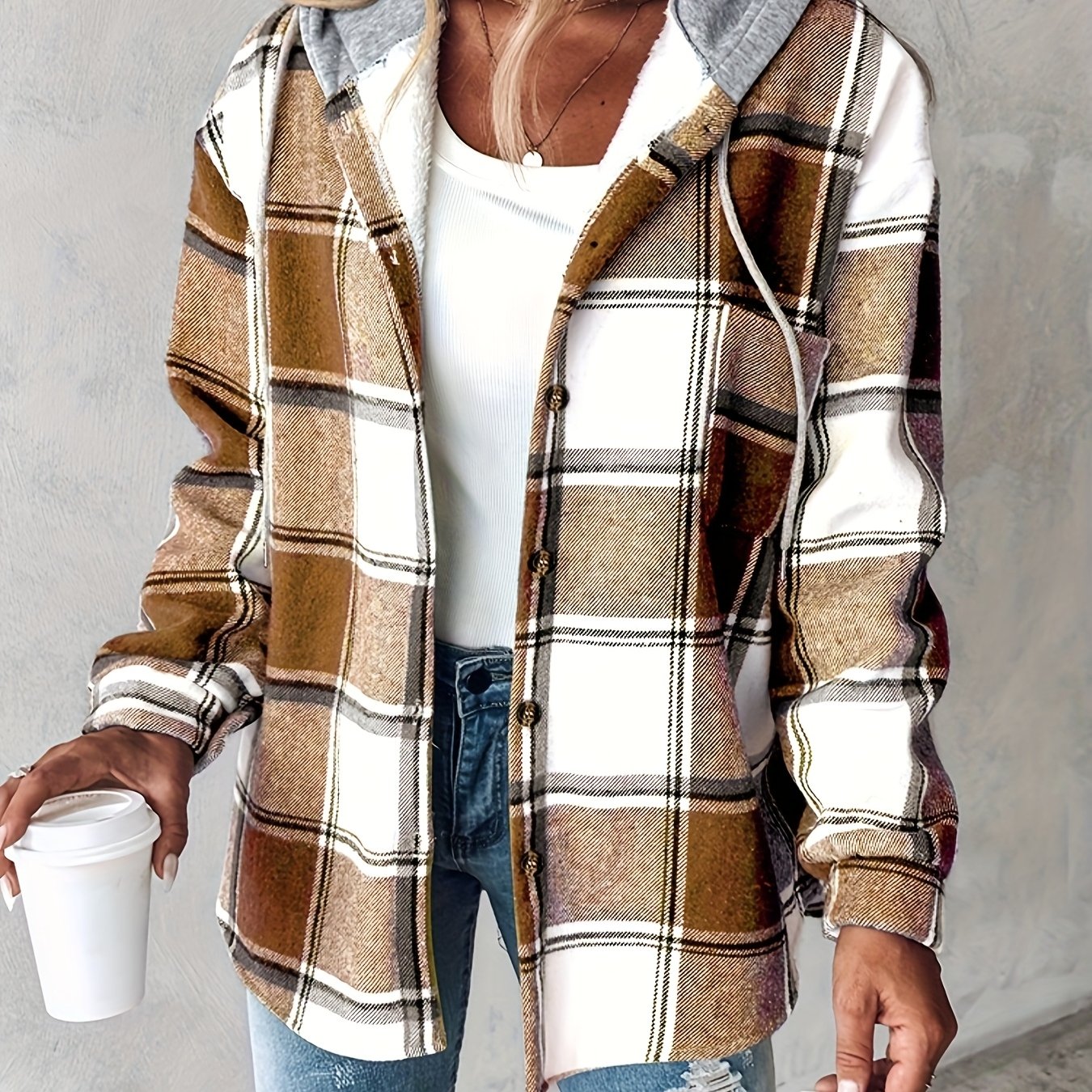 Chicme Women's Hooded Fleece-Lined Plaid Shacket Jacket