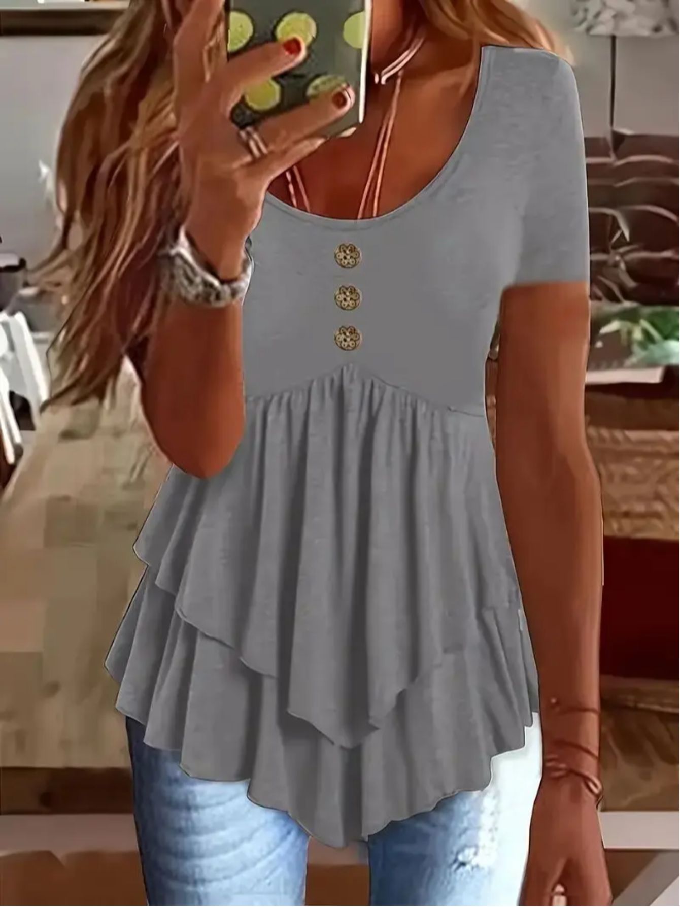 Women's Casual Short Sleeve Crew Neck T-Shirt Solid Color Button Front Flare Top Summer Blouse with Ruffles