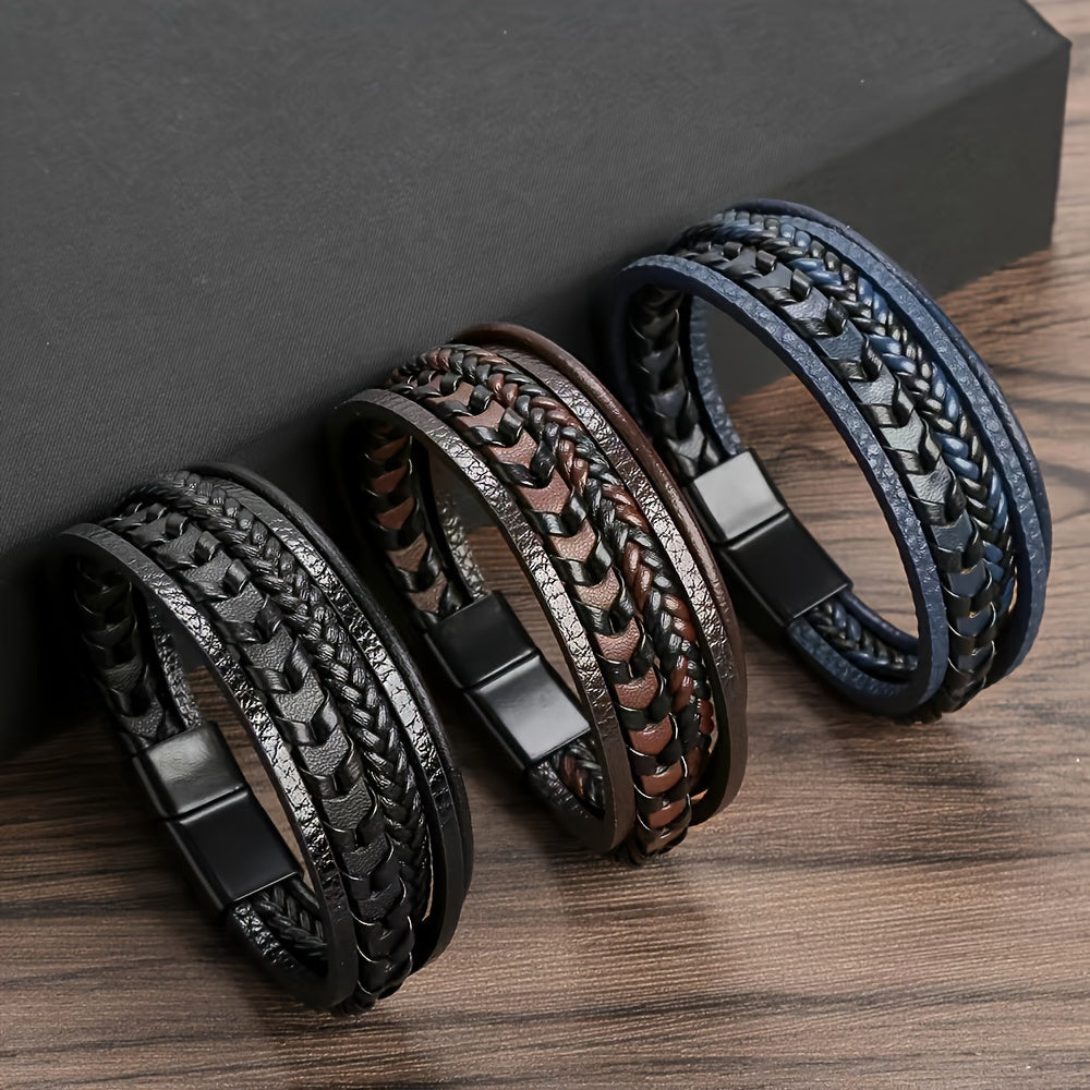 Classic Steel Double-layer Men's Leather Woven Rope Bracelet