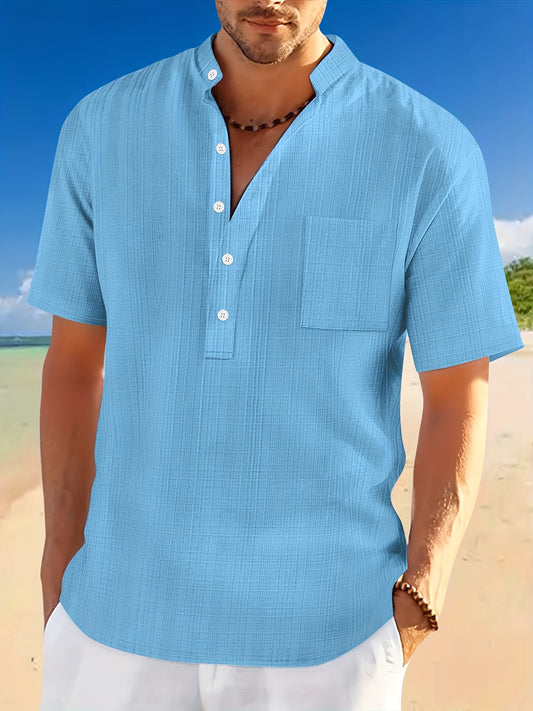 Men'S Solid Color Short-Sleeve Shirt with a Casual Pocket, Perfect for Summer.