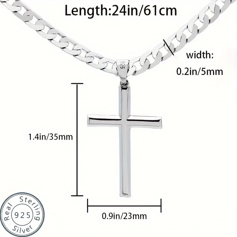 925 Sterling Silver 5mm Cuban Chain Cross Pendant Necklace Hip-hop Trend