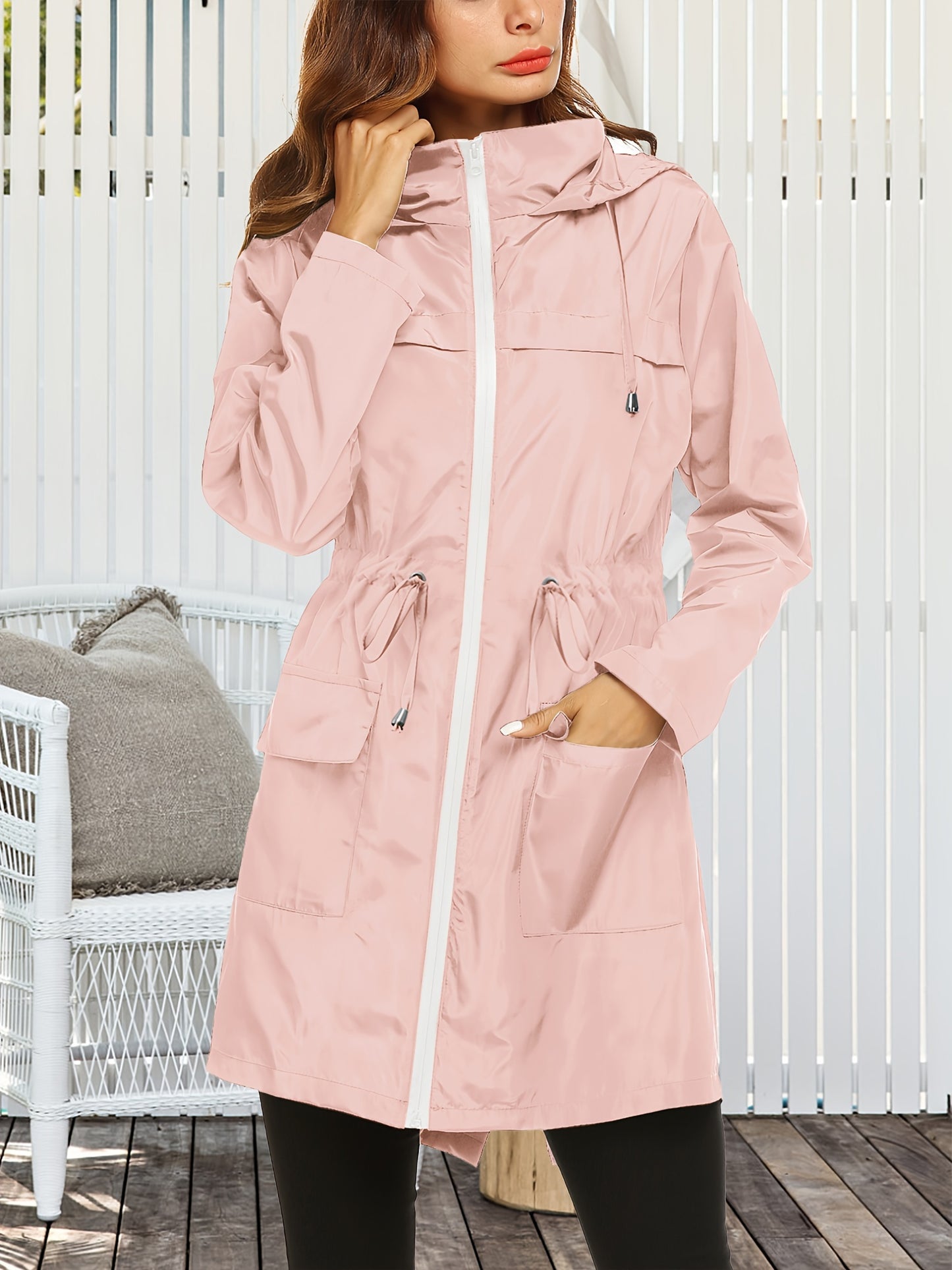 Women's High Quality Lightweight Hooded Raincoat Jacket Navy Blue Full Length Outdoor Sports Coat with Zippered Pockets Adjustable Drawstrings and Elastic Cuffs Machine Washable All Season Wear