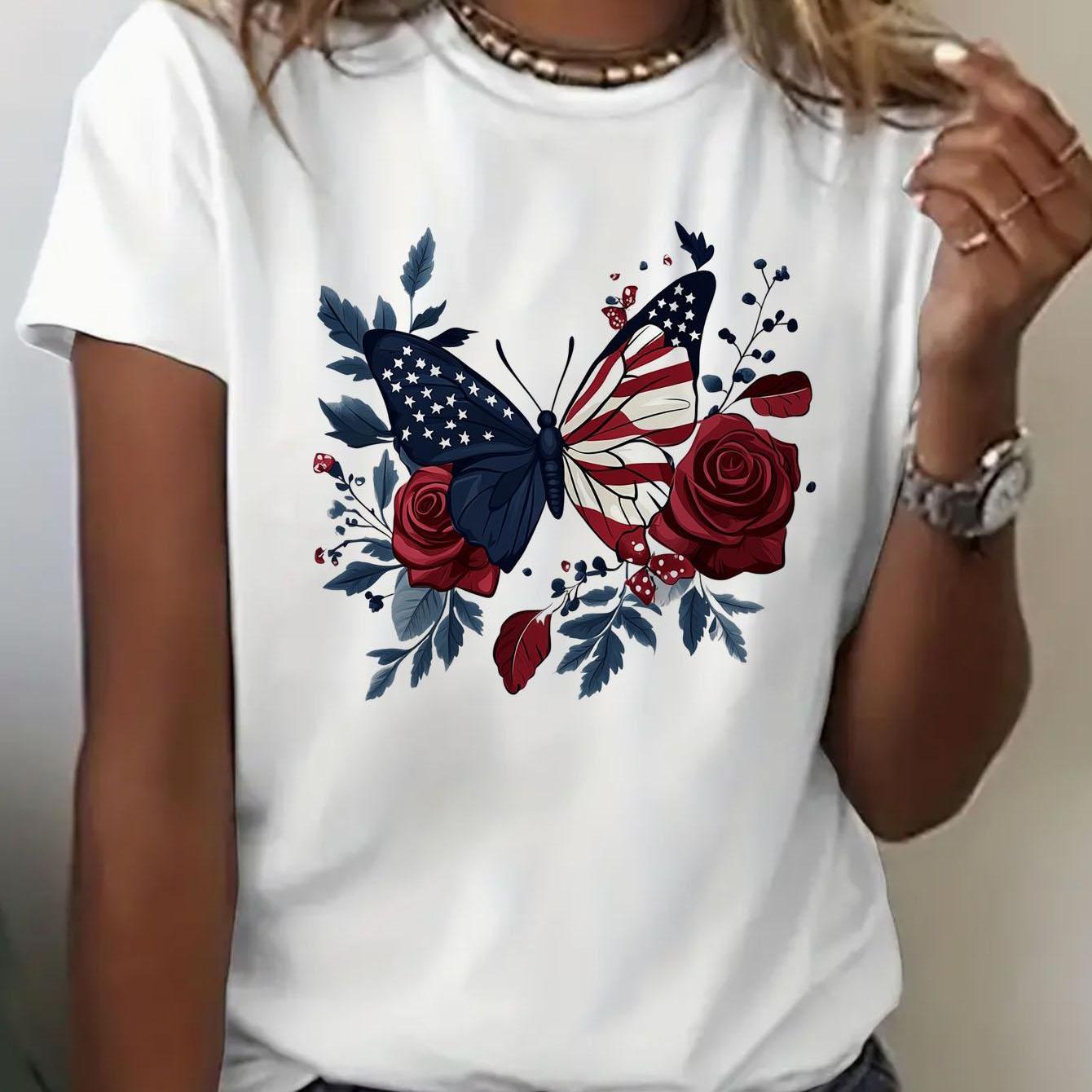 Womens Crew Neck Fashionable Heart Print T-Shirt Casual Top