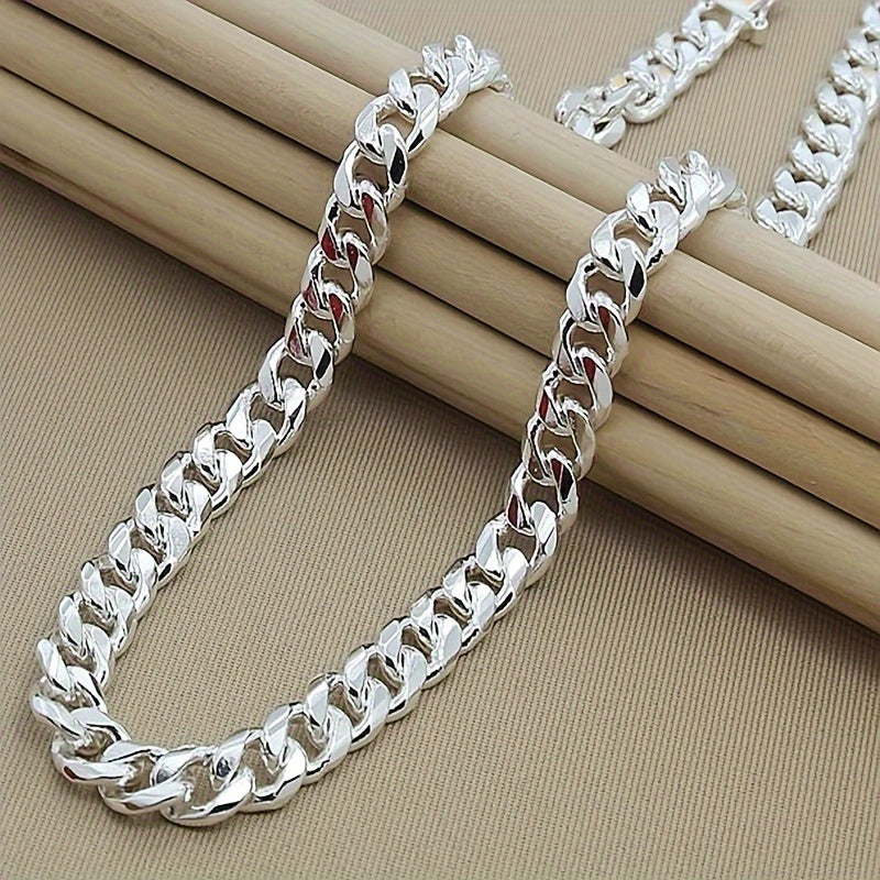 New 925 sterling Silvery smooth chain necklace for both men and women, 10mm fashionable Cuban chain jewelry