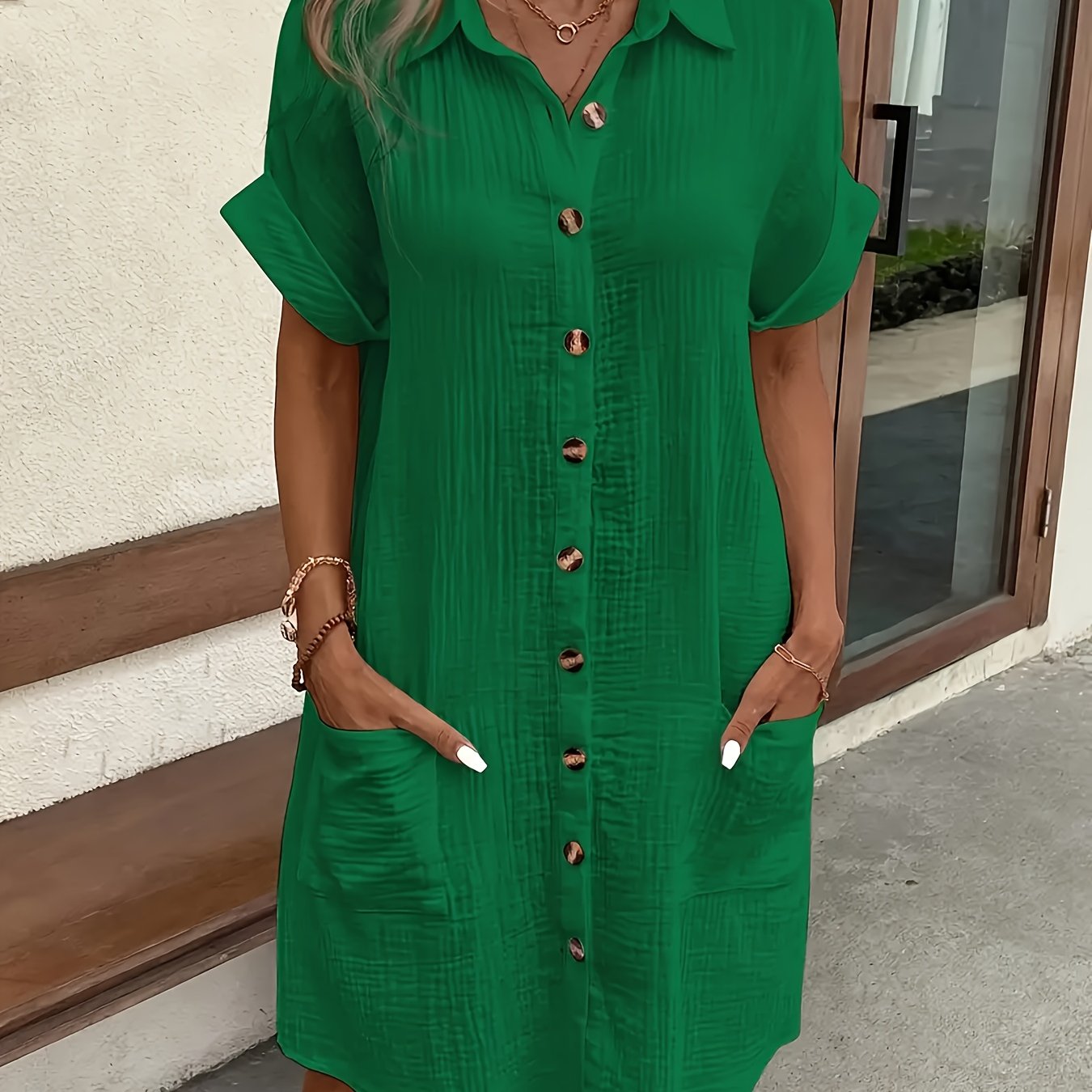 100% V-Neck Blouse Dress for Women Light Blue Short Sleeves