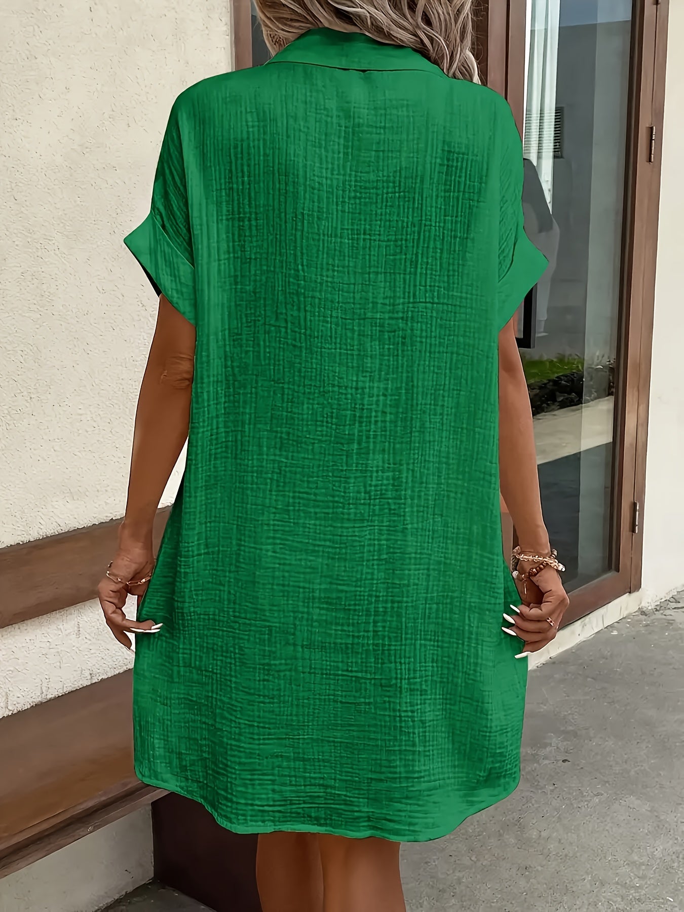 100% V-Neck Blouse Dress for Women Light Blue Short Sleeves