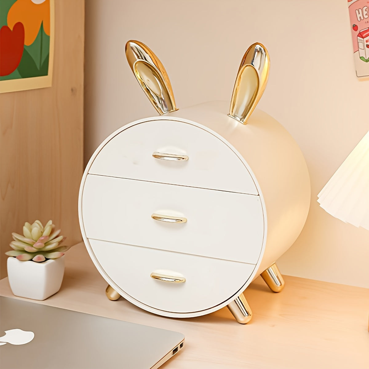 1pc Large Capacity Rabbit Decor Makeup Storage Case Multi-functional Cosmetic Organizer with Drawer Vanity Decor Skincare Stationary Container