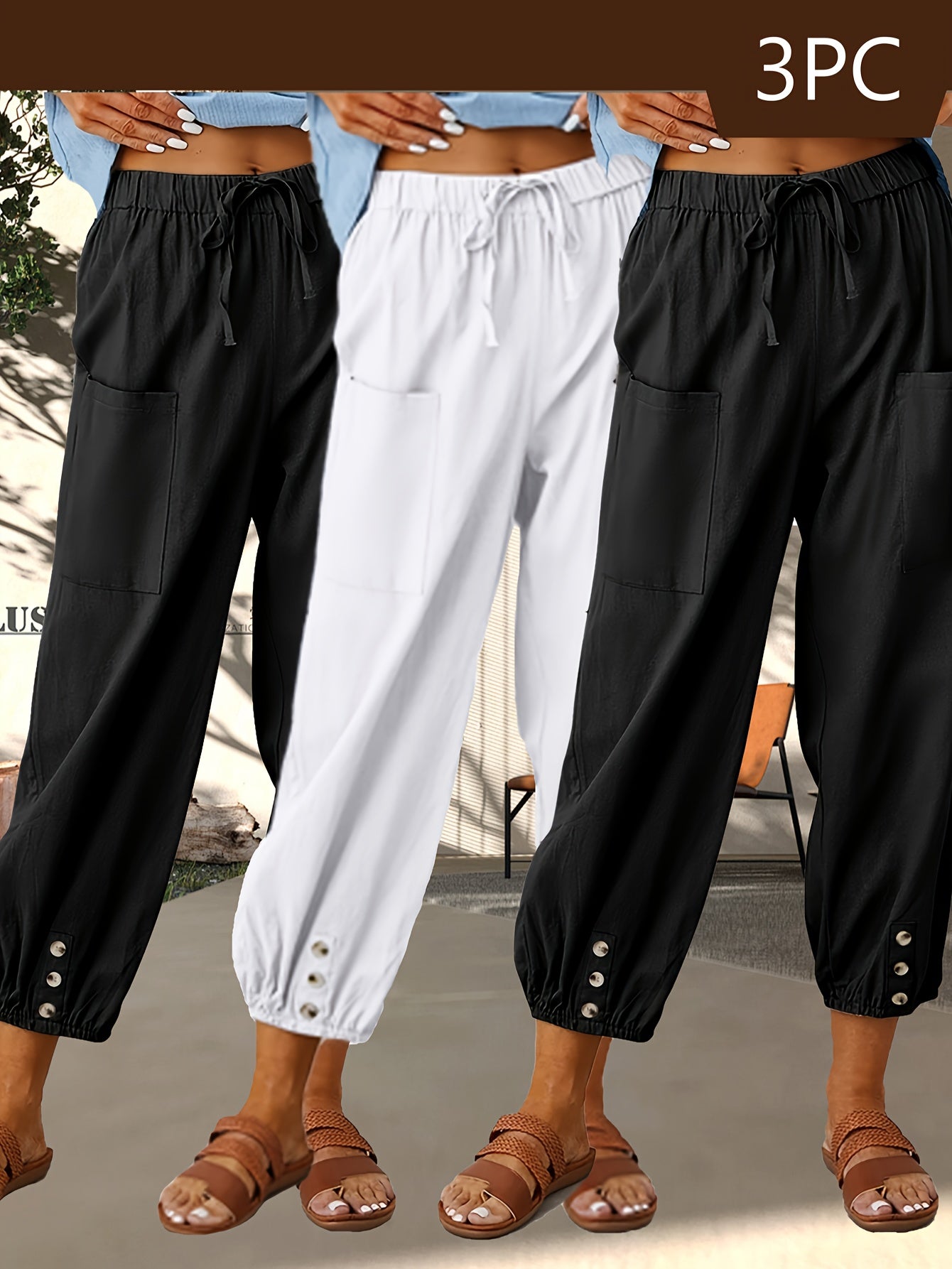 3-Pack Of Loose-Fitting High-Waisted Buttoned Linen Cropped Wide-Leg Unisex Pants With Pockets For Easy Outings
