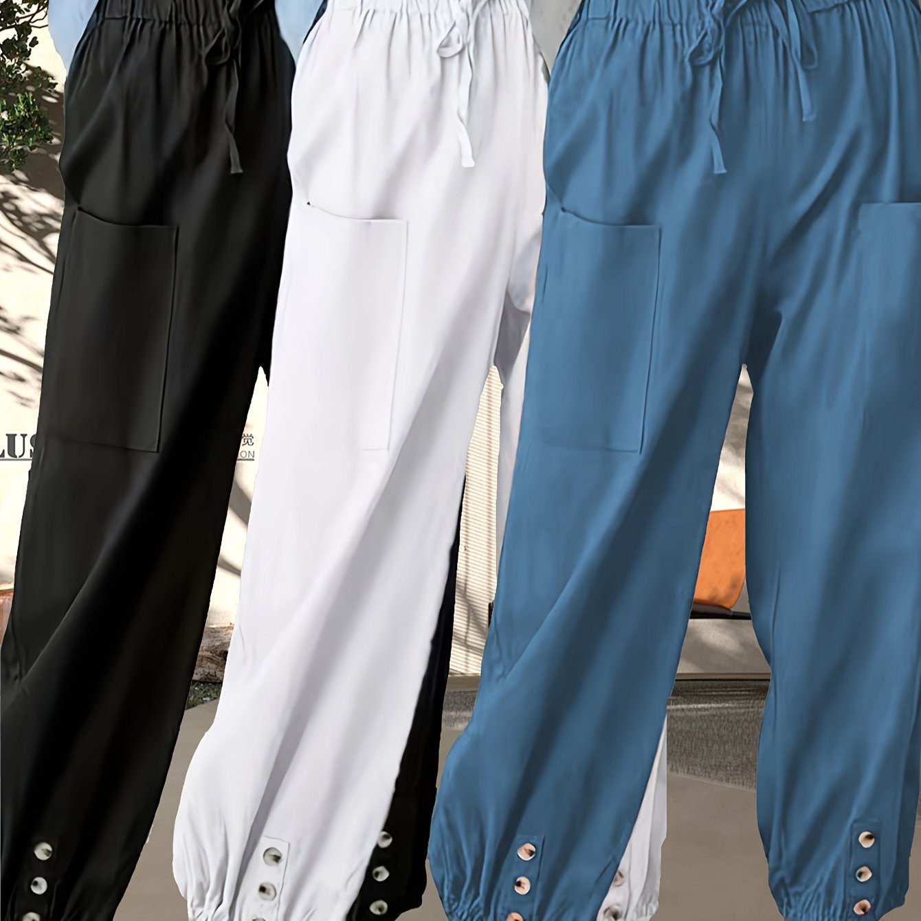 3-Pack Of Loose-Fitting High-Waisted Buttoned Linen Cropped Wide-Leg Unisex Pants With Pockets For Easy Outings