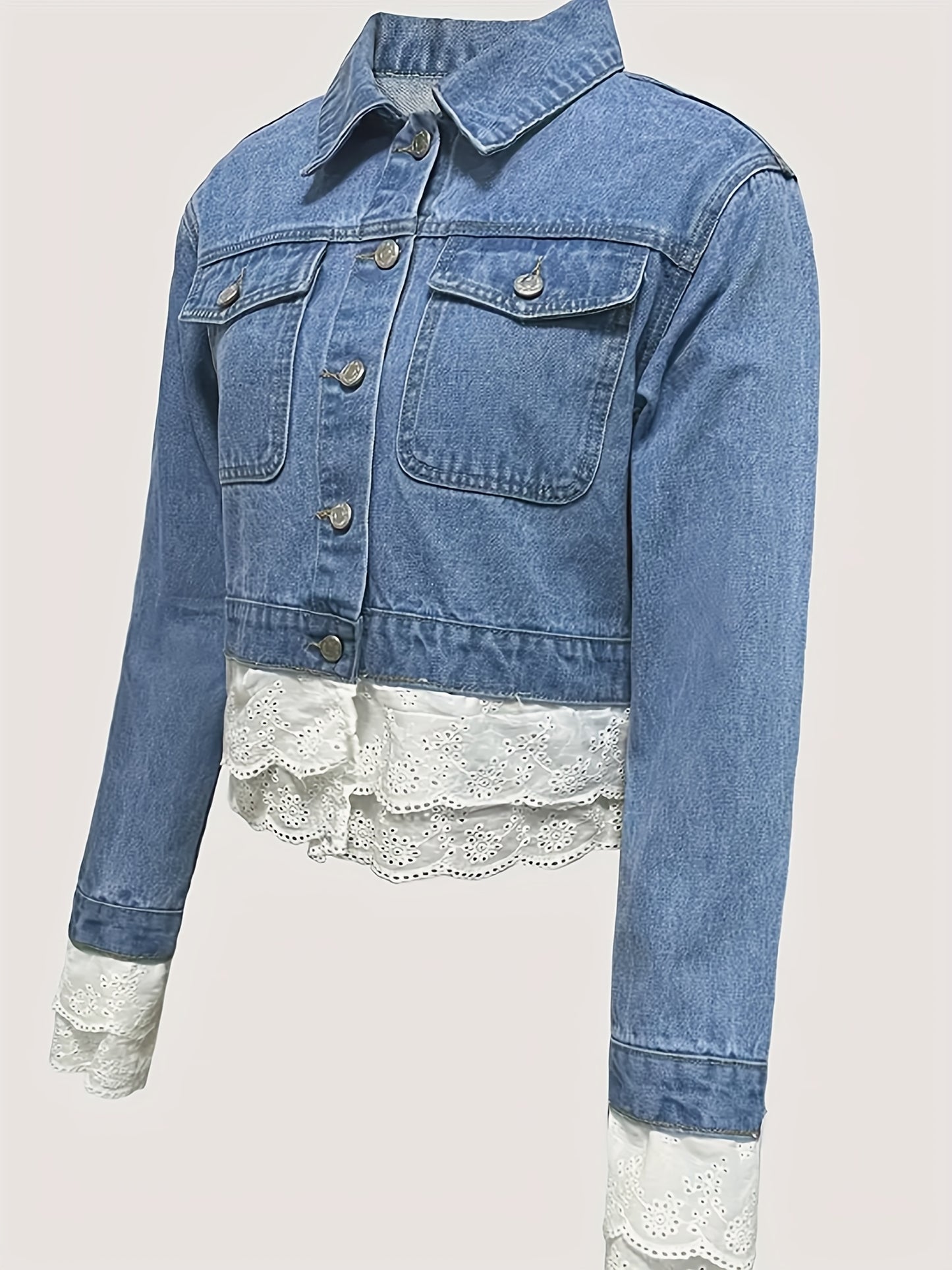 Women's Stylish Lace-Trimmed Cropped Denim Jacket - Casual Long Sleeve Jean Coat with Flap Pockets, Button-Up Front, Perfect for Spring & Fall