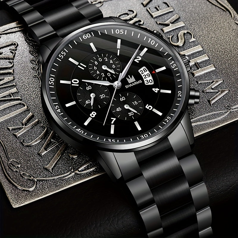 3pc Men's Luxury Round Dial Steel Strip Quartz Watch - Personalized